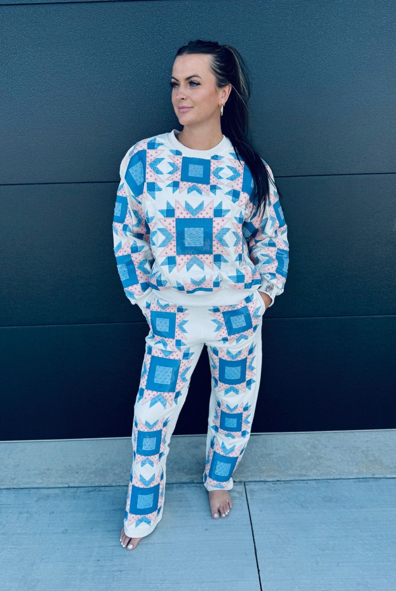 QUEEN OF SPARKLES IVORY,BLUE & LIGHT PINK PATCH SWEAT PANT - Bottoms