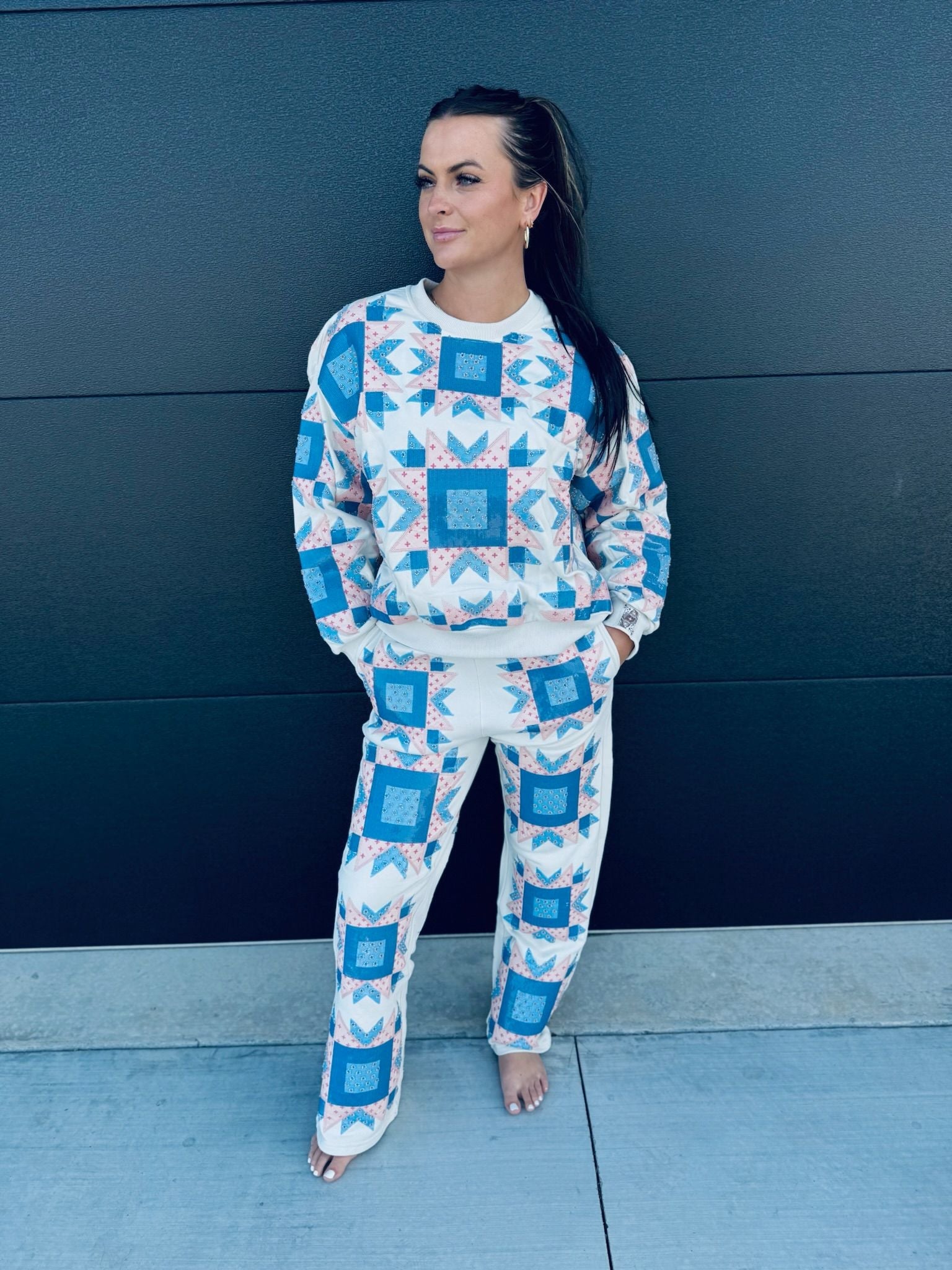 QUEEN OF SPARKLES IVORY,BLUE & LIGHT PINK PATCH SWEAT PANT - Bottoms