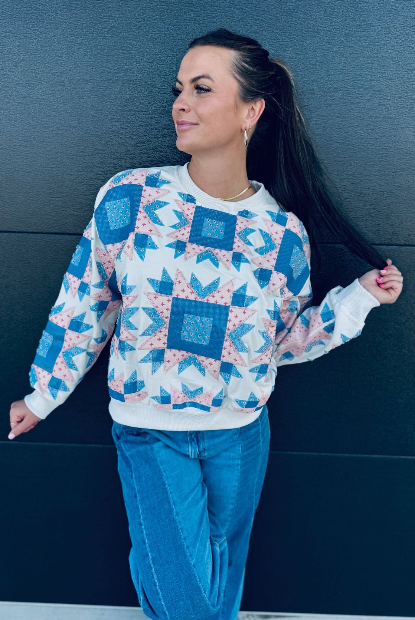QUEEN OF SPARKLES IVORY BLUE & LIGHT PINK PATCHWORK SWEATSHIRT - Tops