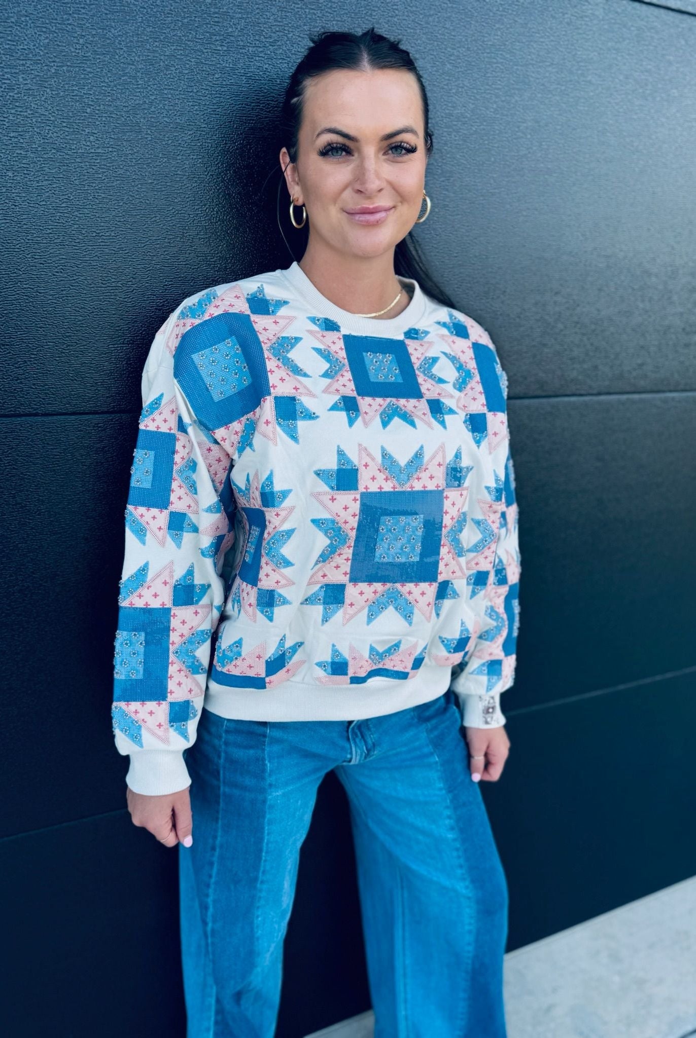 QUEEN OF SPARKLES IVORY BLUE & LIGHT PINK PATCHWORK SWEATSHIRT - Tops