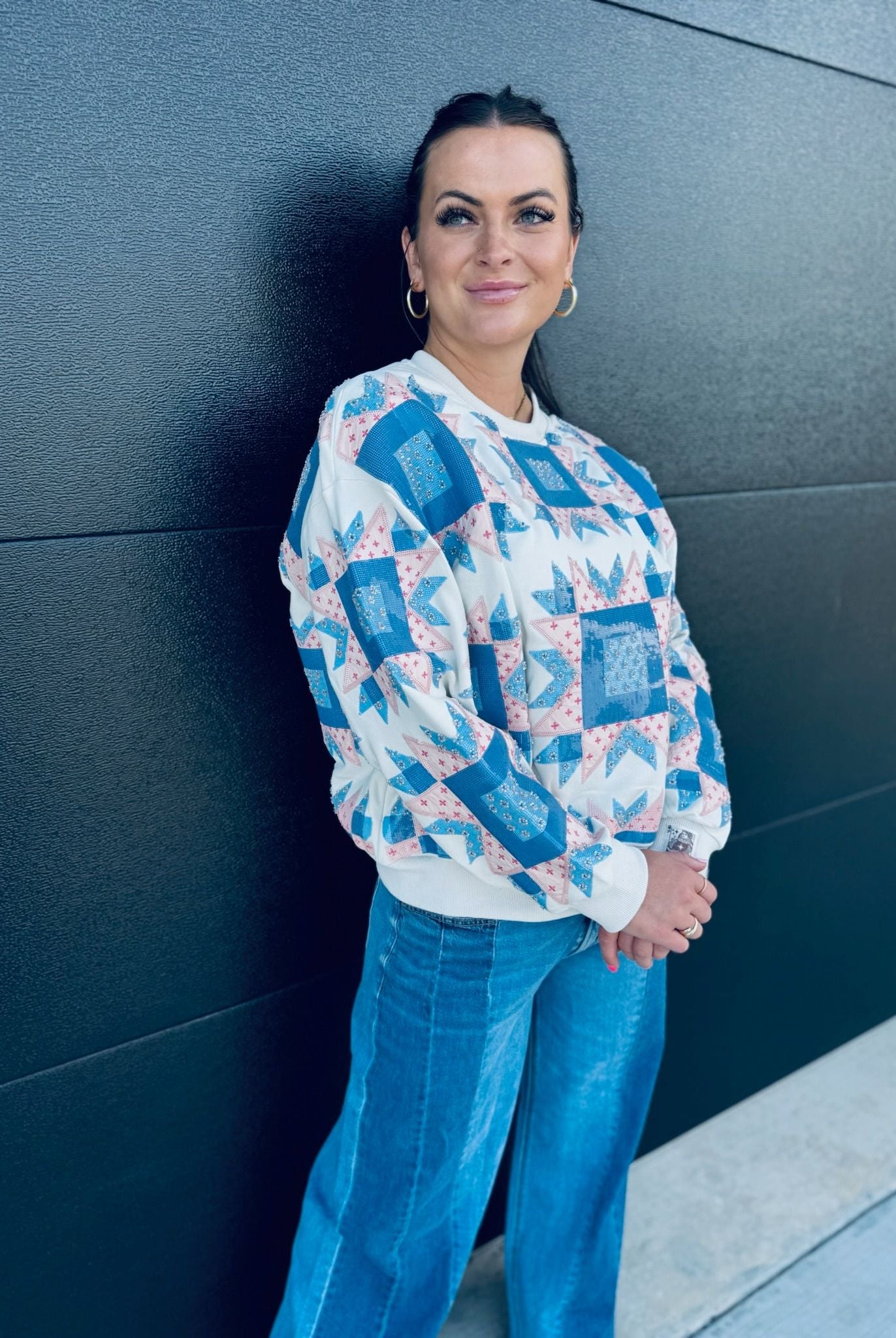 QUEEN OF SPARKLES IVORY BLUE & LIGHT PINK PATCHWORK SWEATSHIRT - Tops