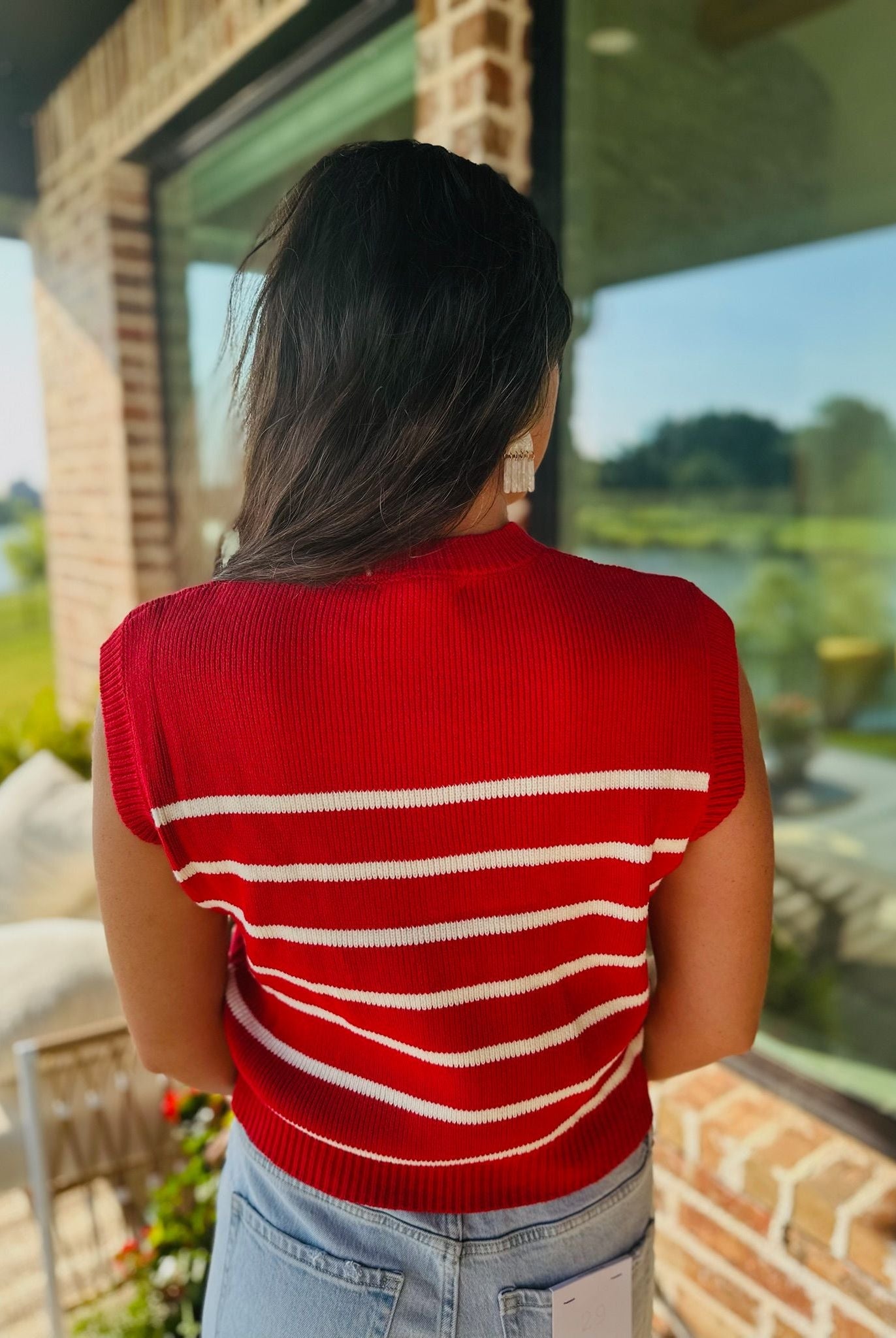 RED AND CREAM STRIPED SLEEVELESS SWEATER - Tops