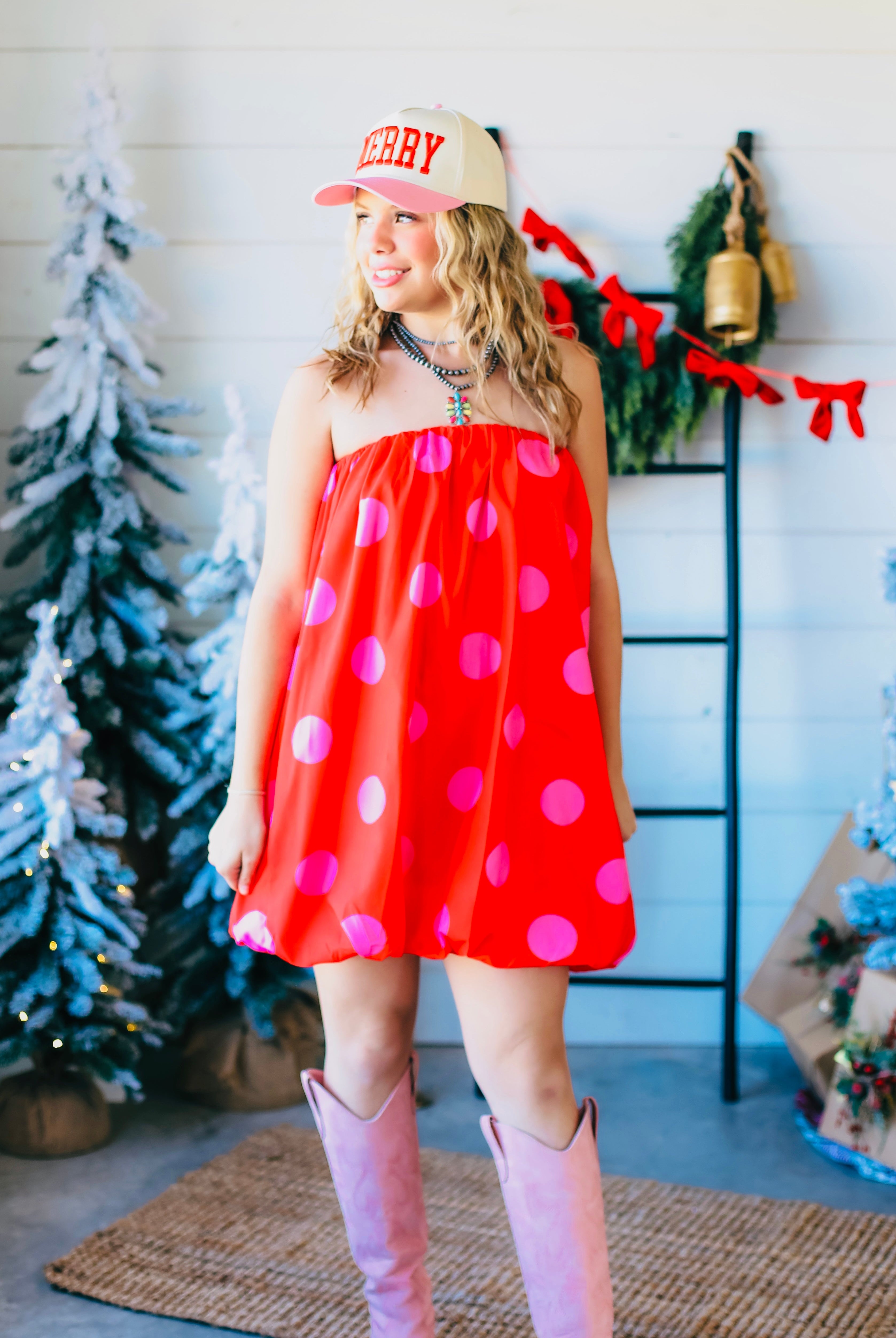 RED AND PINK POLKA DOT STRAPLESS BUBBLE DRESS - Dress