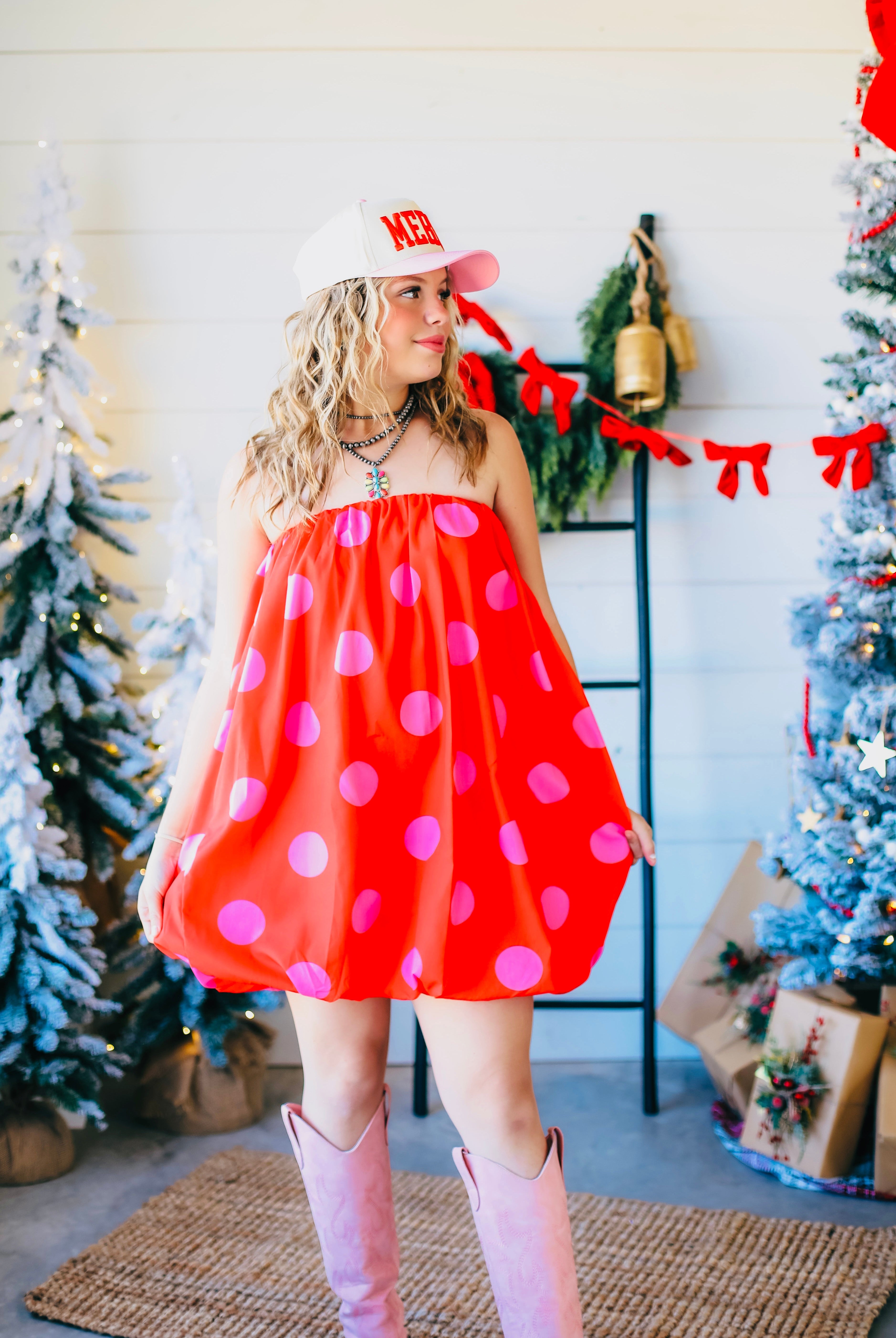 RED AND PINK POLKA DOT STRAPLESS BUBBLE DRESS - Dress