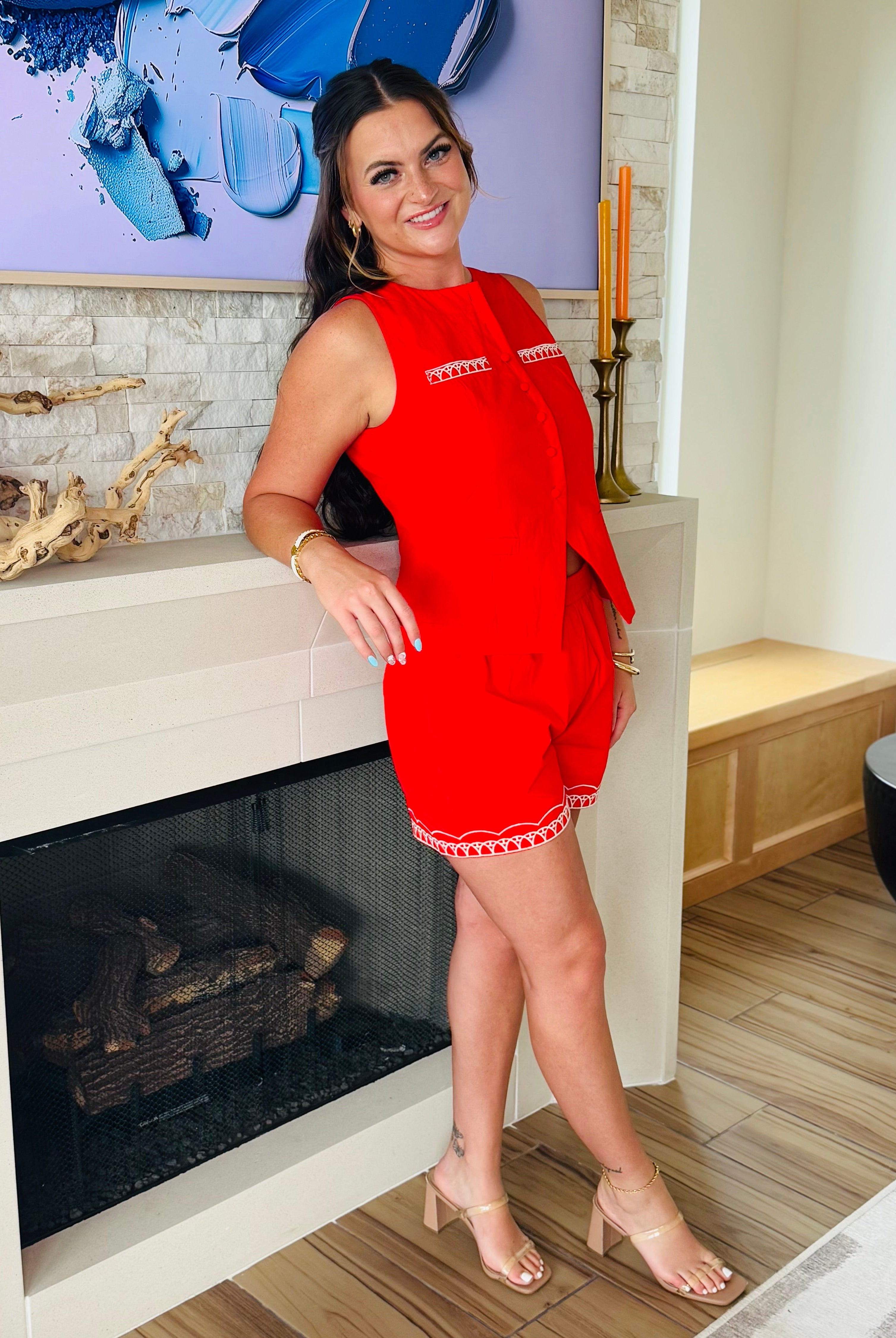 RED EMBROIDERED VEST AND SHORT SET