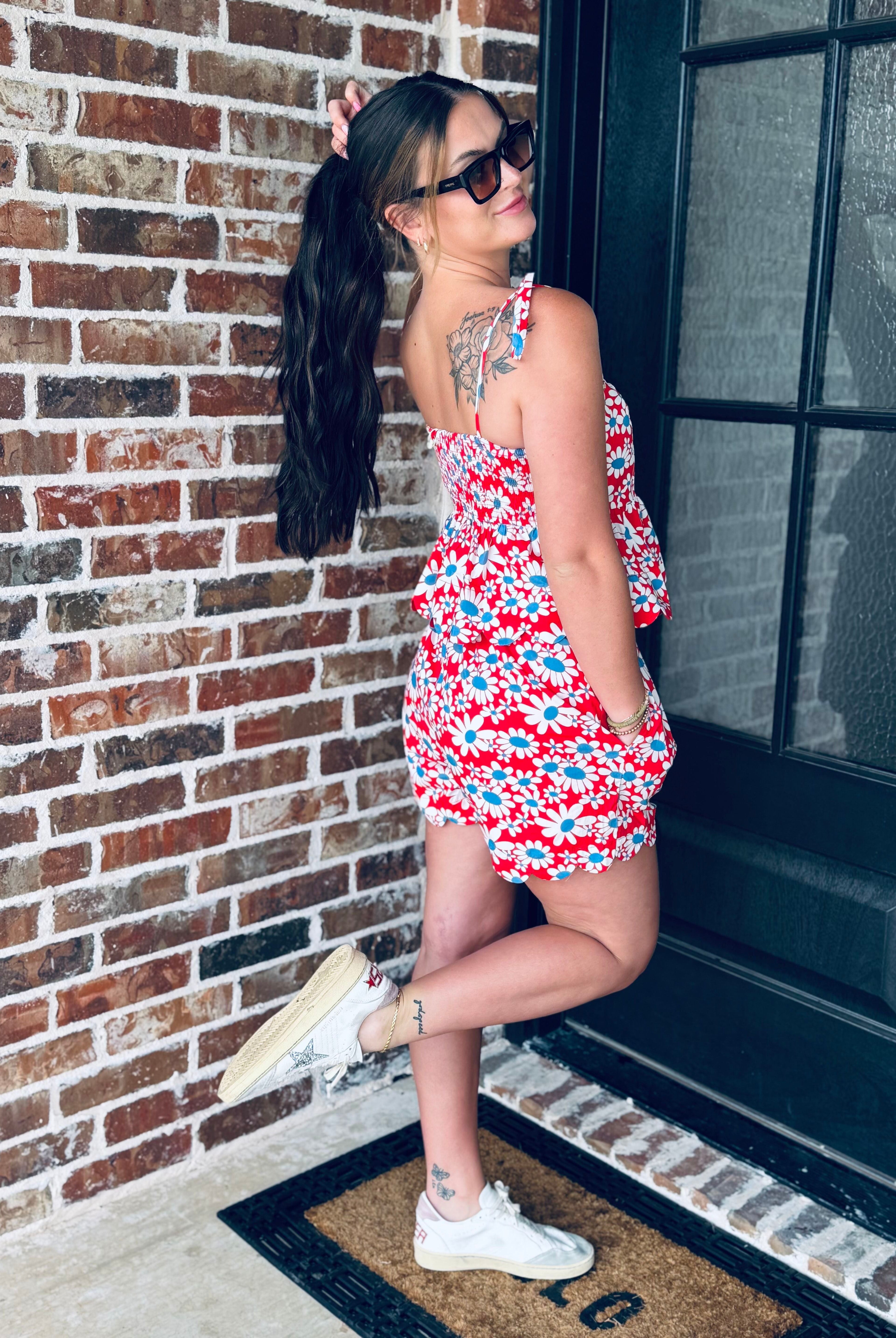 Red, White and Blue Floral Matching Short Set top featuring adjustable tie straps and scalloped neckline for a stylish 4th of July look.