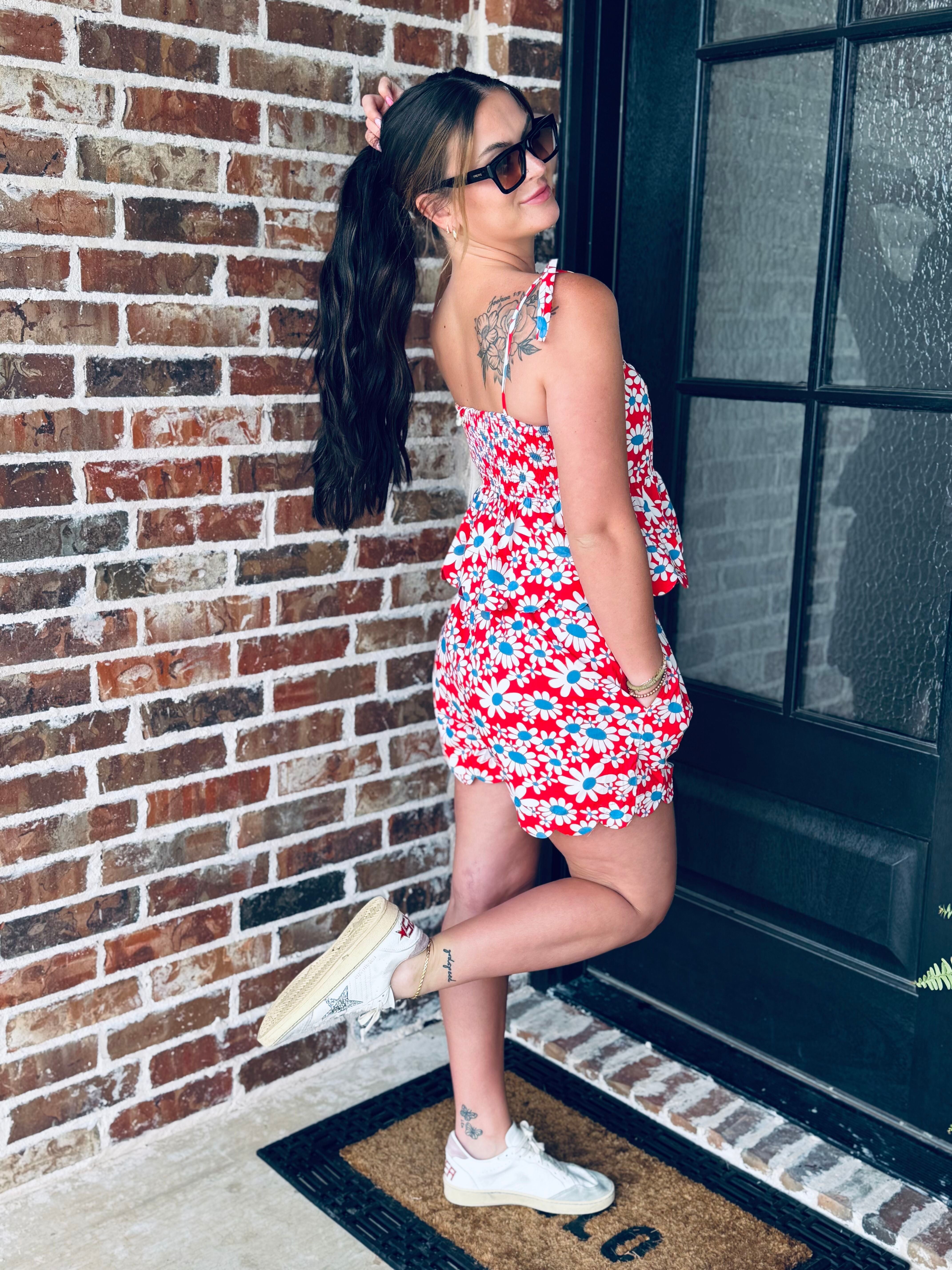 Red, White and Blue Floral Matching Short Set top featuring adjustable tie straps and scalloped neckline for a stylish 4th of July look.