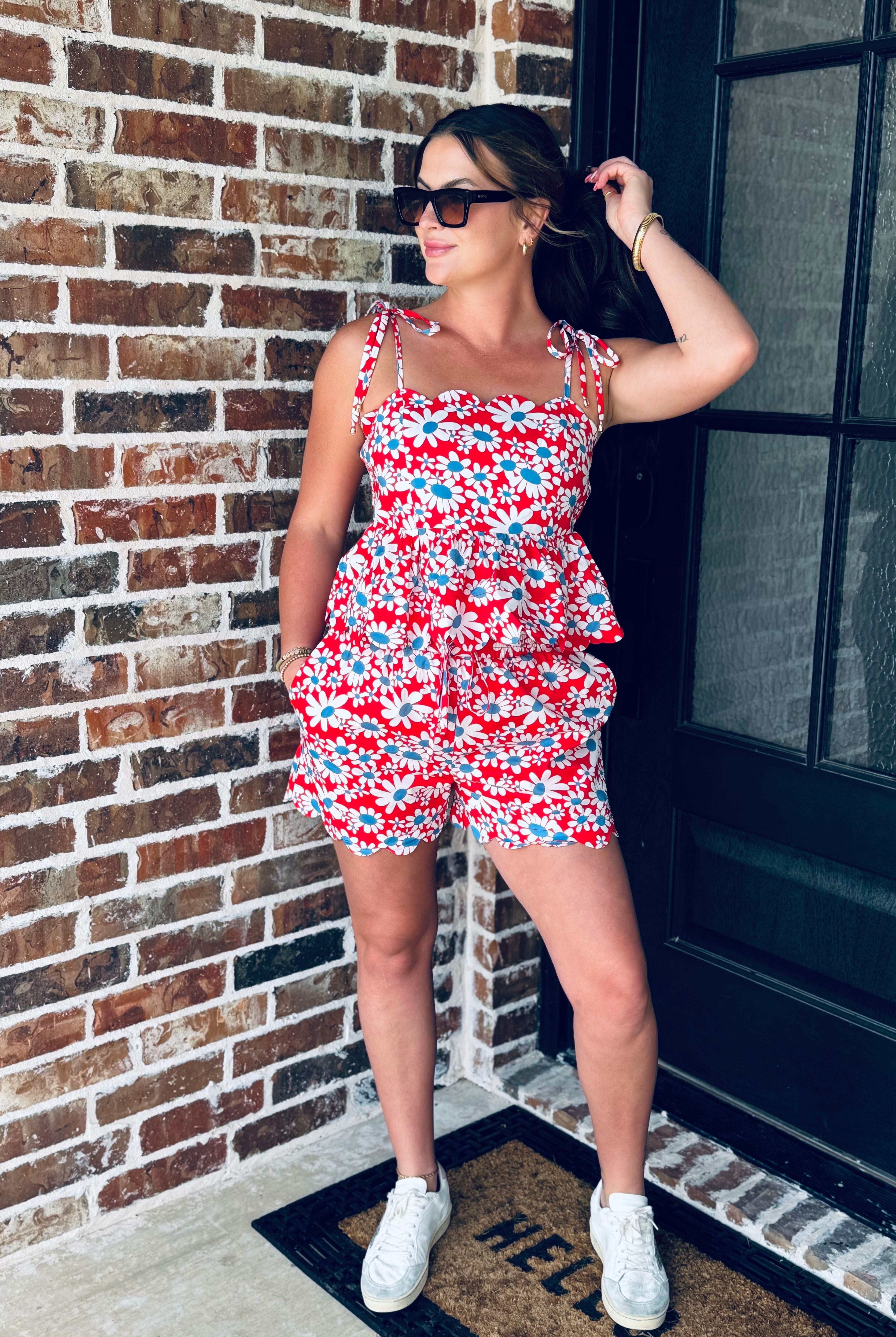 Close-up of the elastic back of the Red, White and Blue Floral Matching Short Set for added comfort and flexibility.