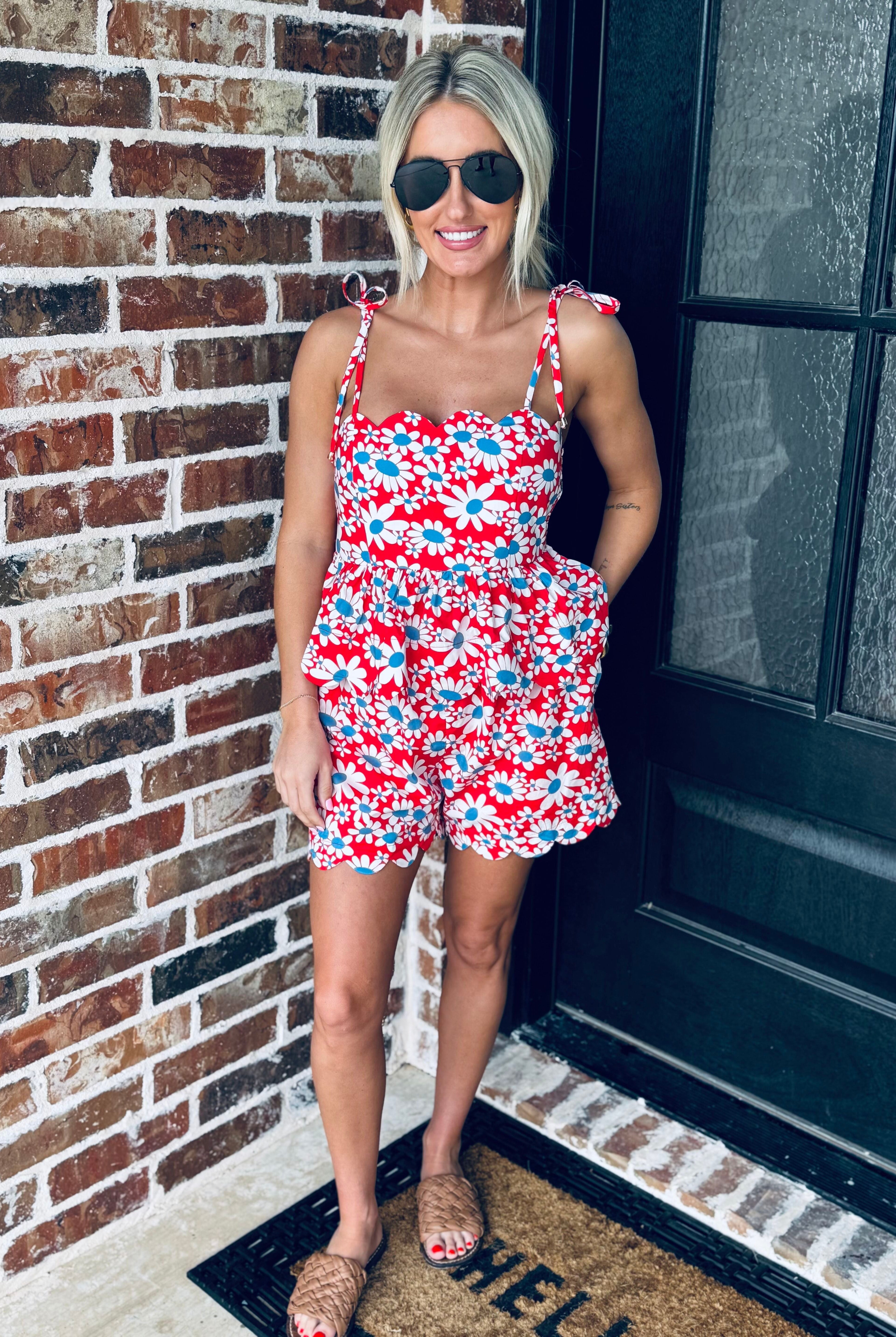 Full view of the Red, White and Blue Floral Matching Short Set styled with accessories for a festive daytime outfit.