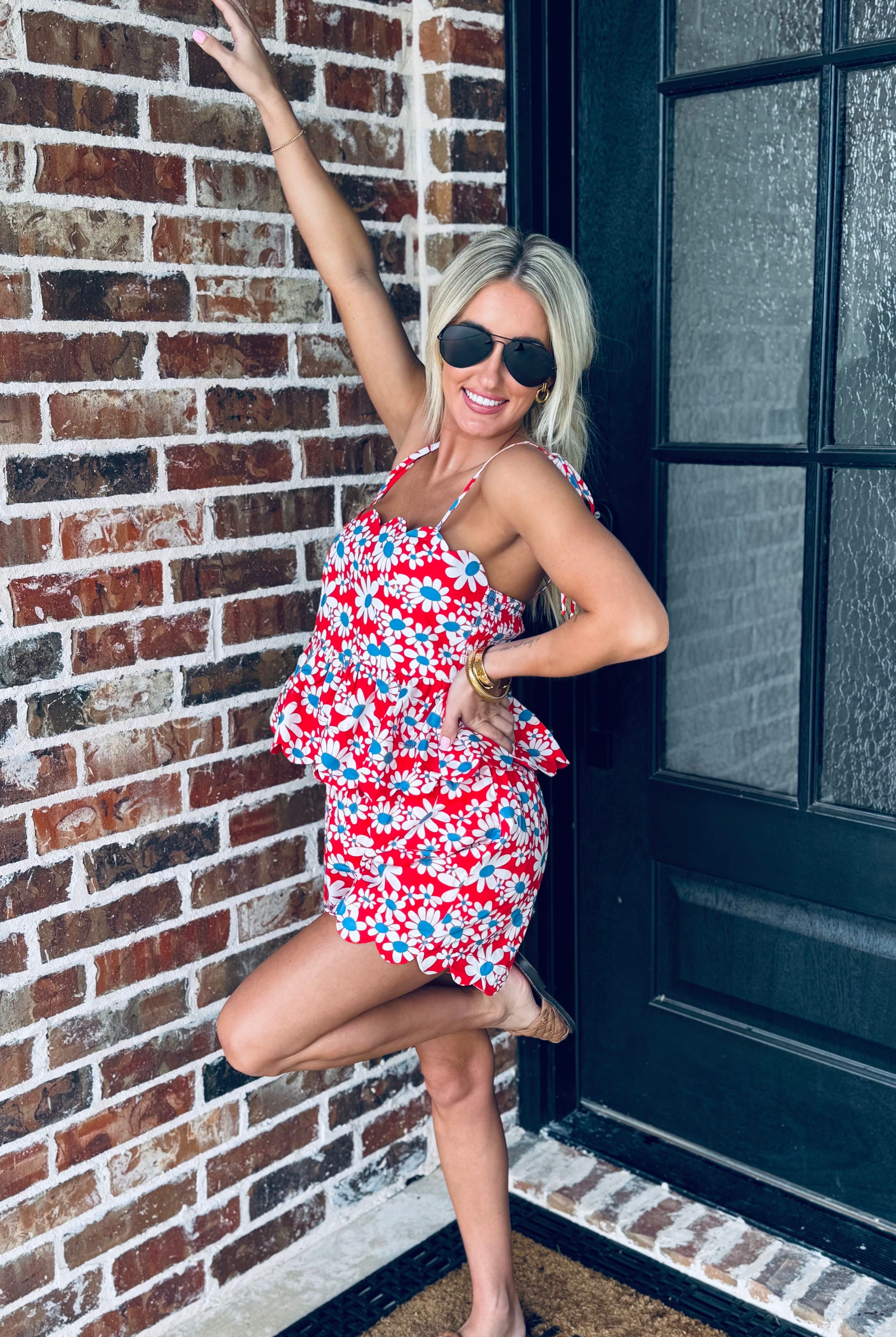 Stylish Red, White and Blue Floral Matching Short Set featuring a tie-strap top and elastic waistband shorts, perfect for July 4th celebrations and summer outings.