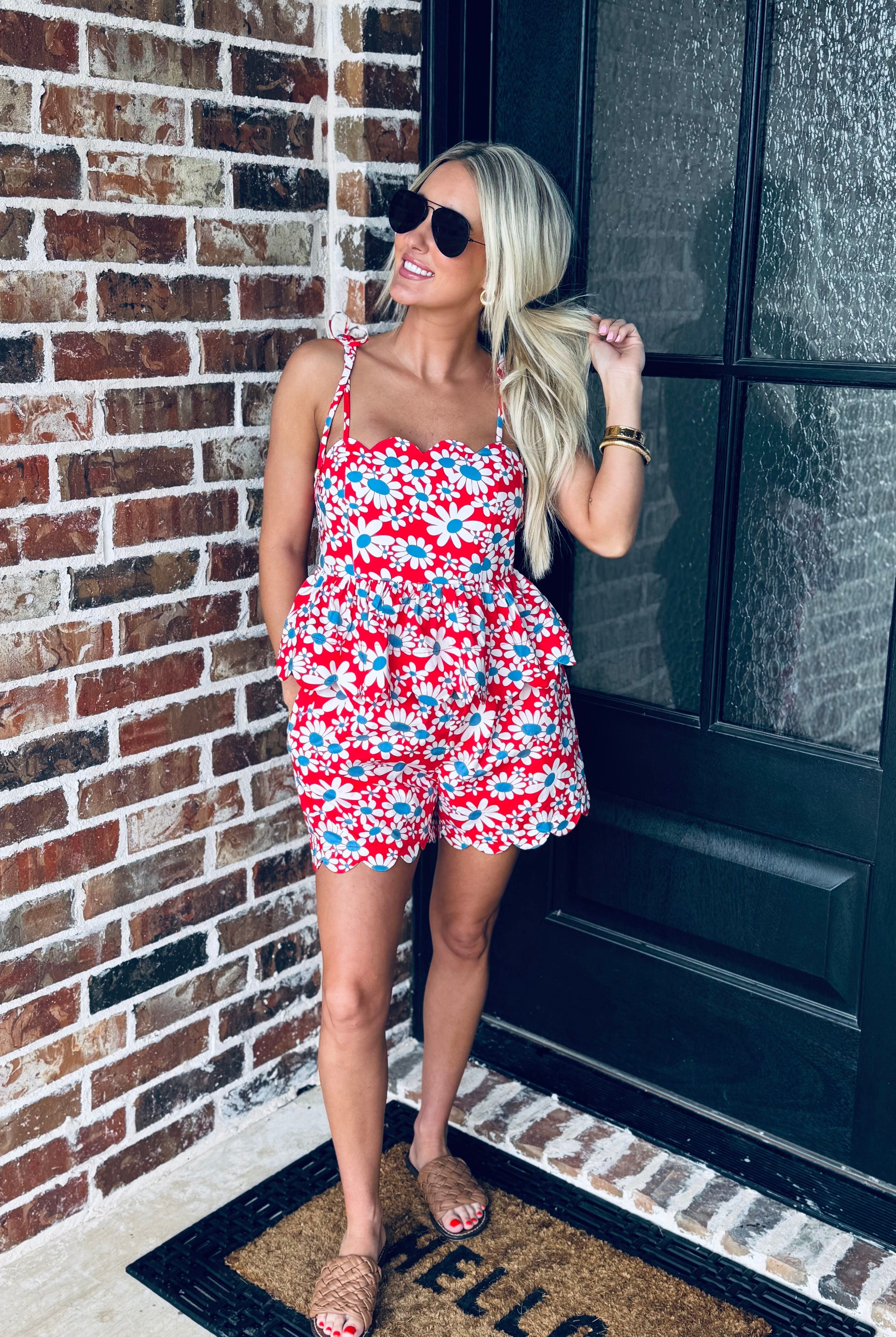 Model wearing the Red, White and Blue Floral Matching Short Set with sunglasses and sneakers, perfect for casual summer celebrations.