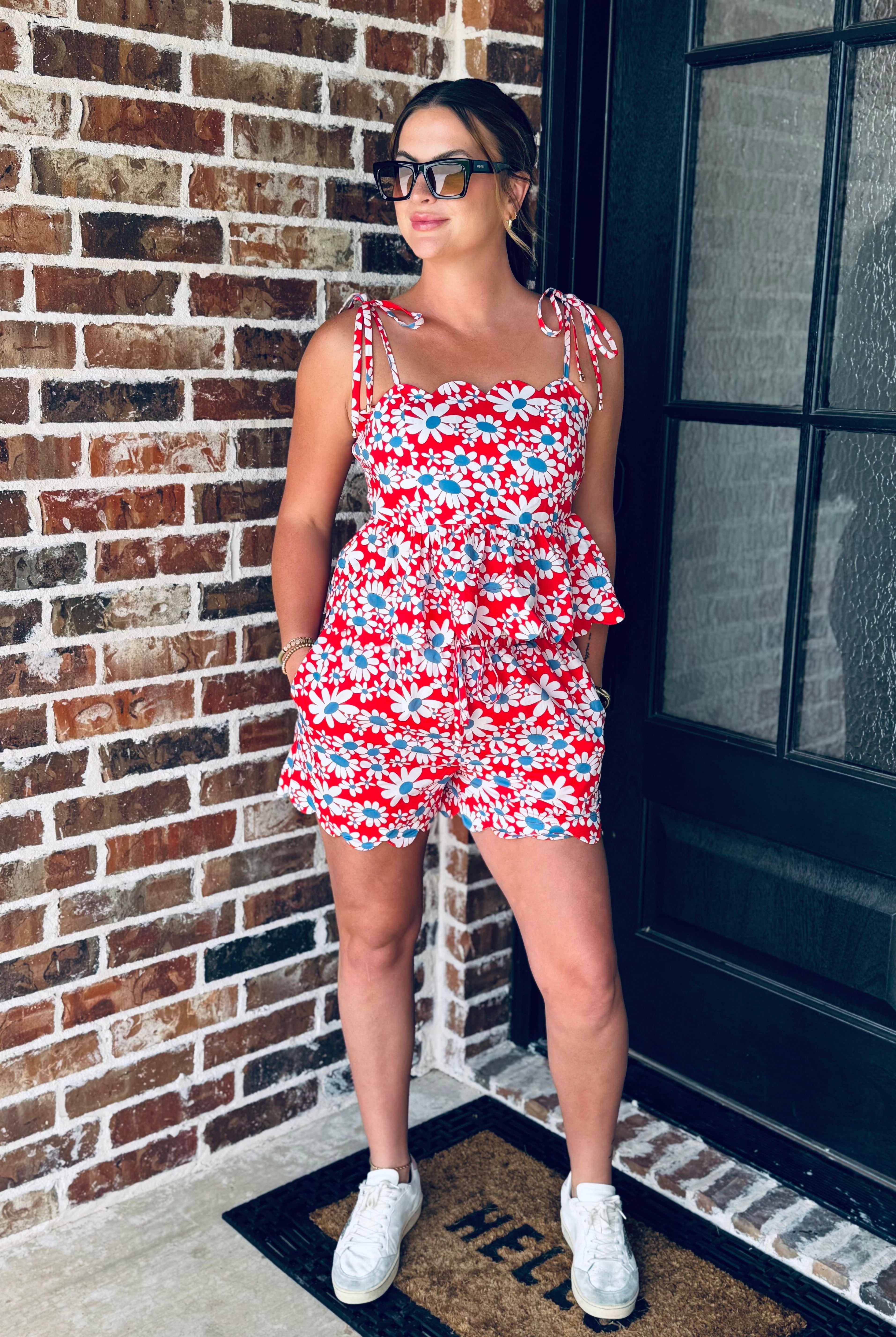Matching shorts of the Red, White and Blue Floral Short Set showcasing an elastic waistband and adjustable drawstring tie.