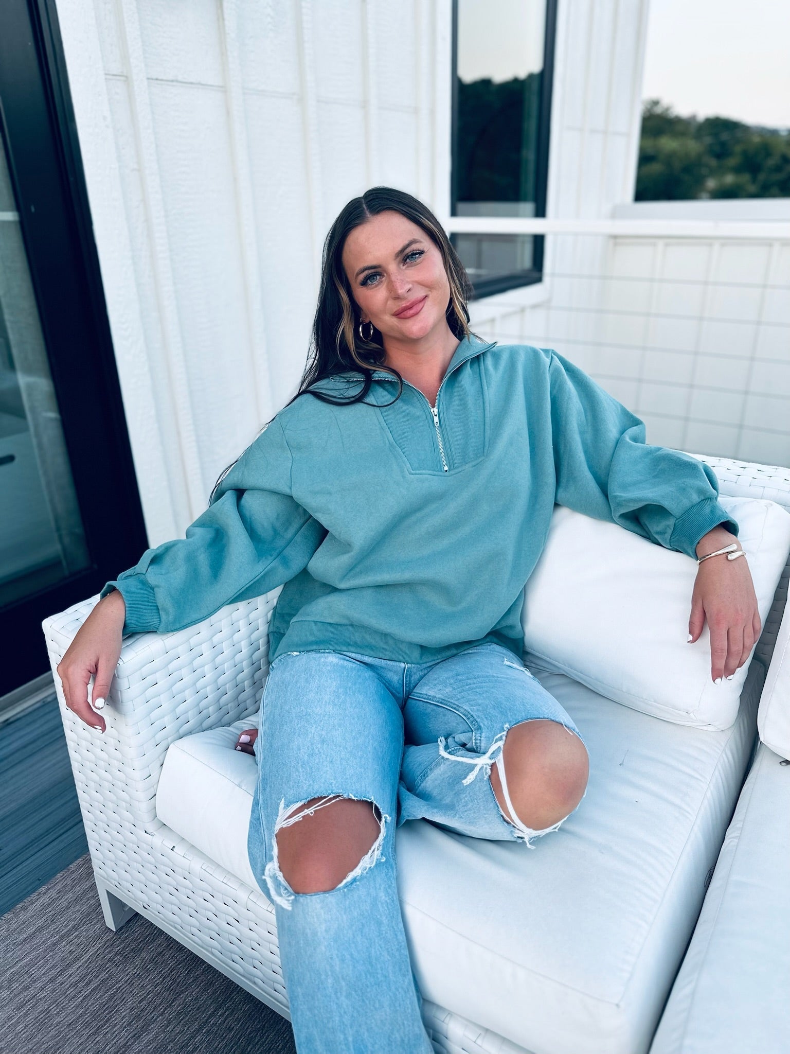 SLATE BLUE HALF ZIP SWEATER - Tops