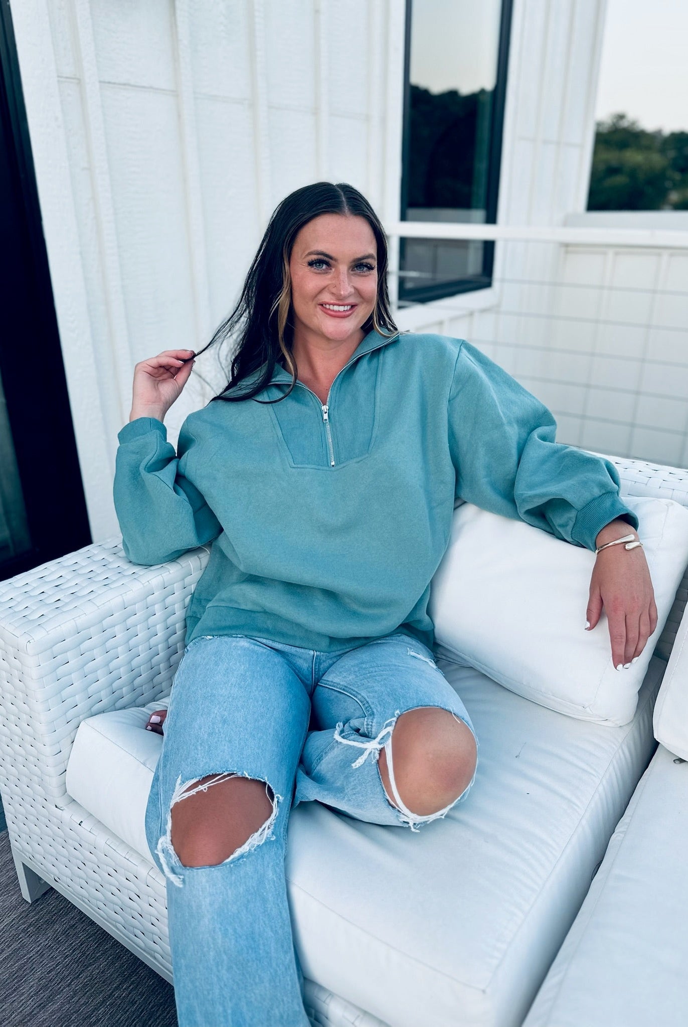 SLATE BLUE HALF ZIP SWEATER - Tops