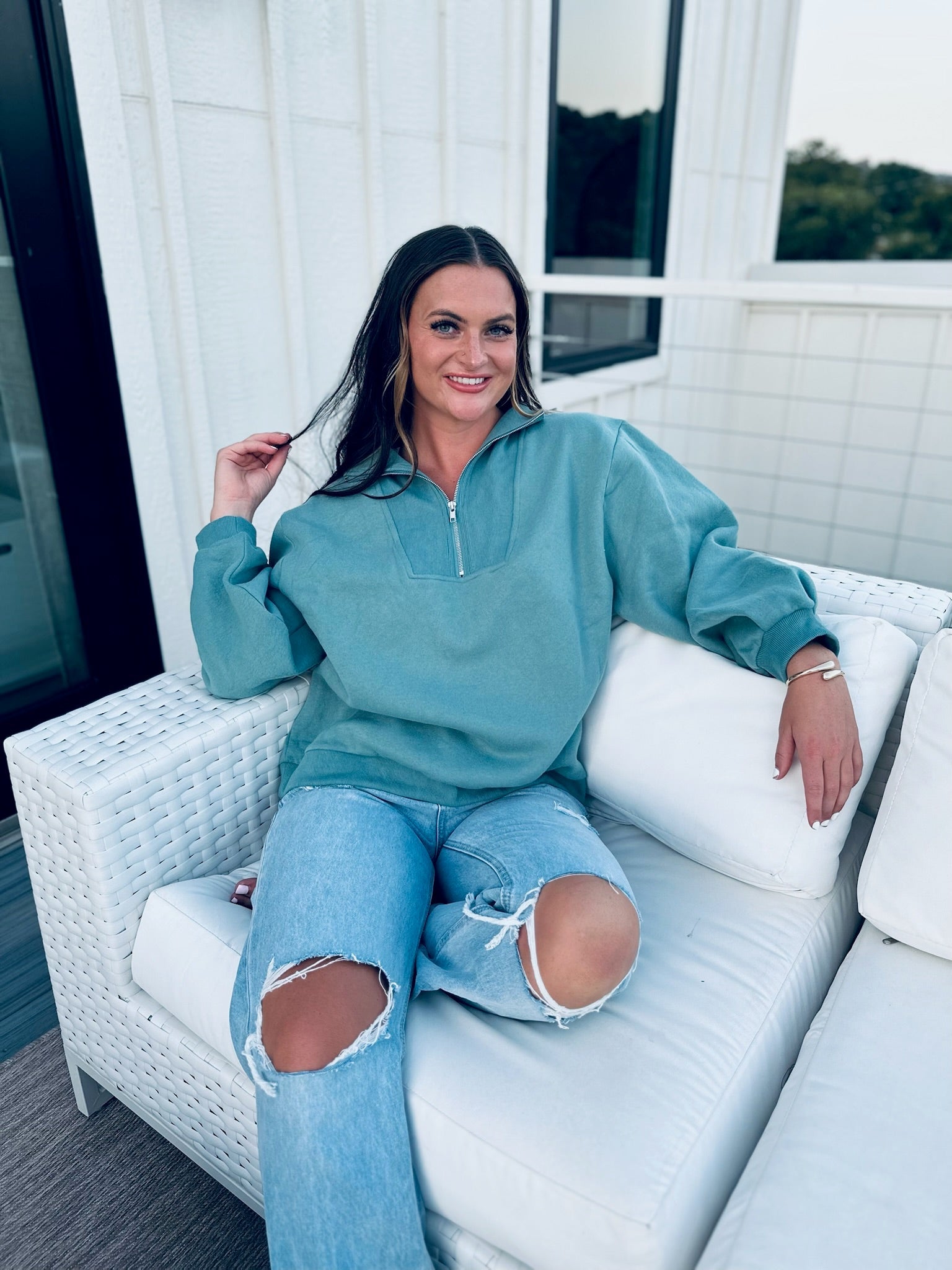 SLATE BLUE HALF ZIP SWEATER - Tops