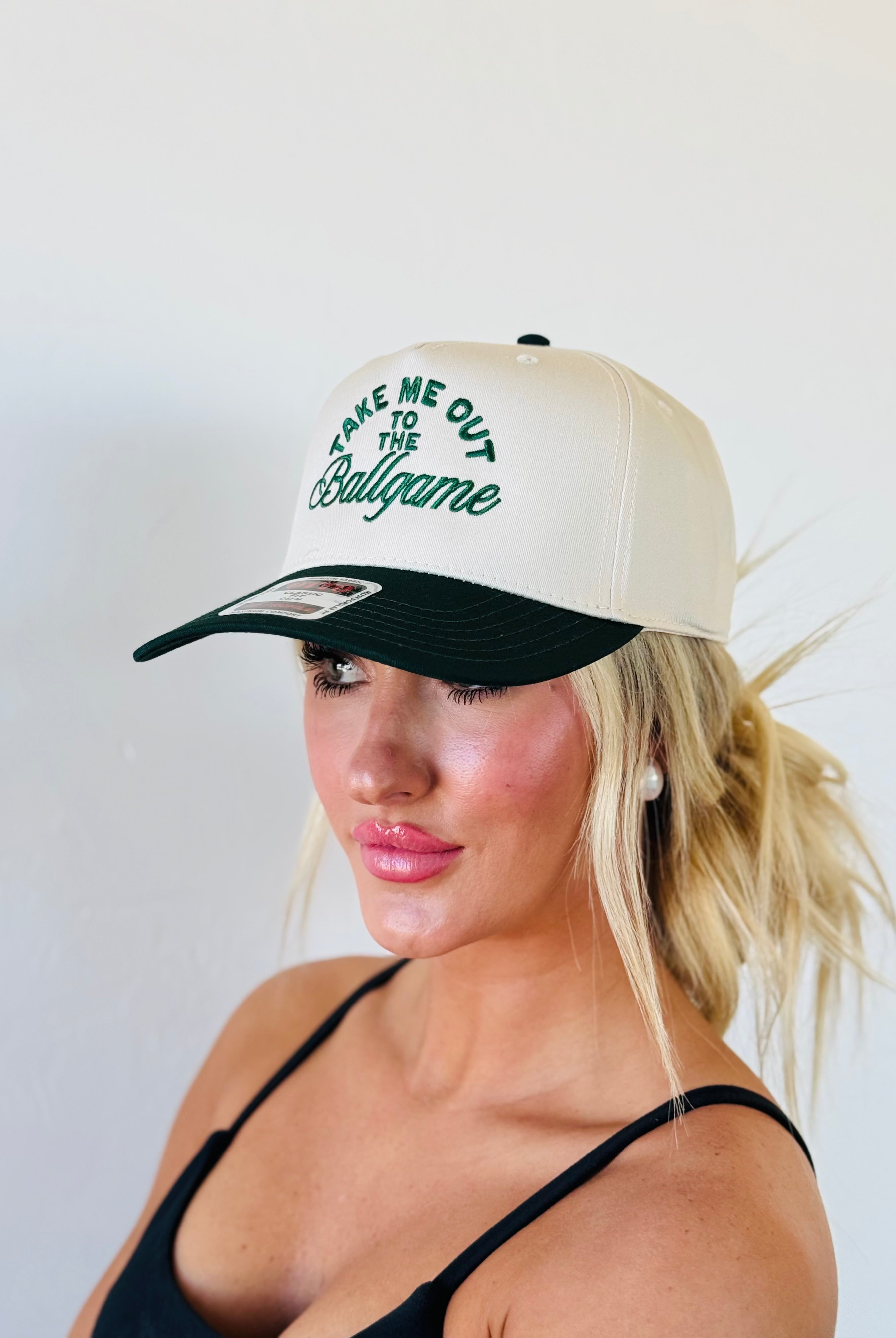 Close-up of TAKE ME OUT TO THE BALLGAME TRUCKER HAT showcasing the quality craftsmanship by Otto.