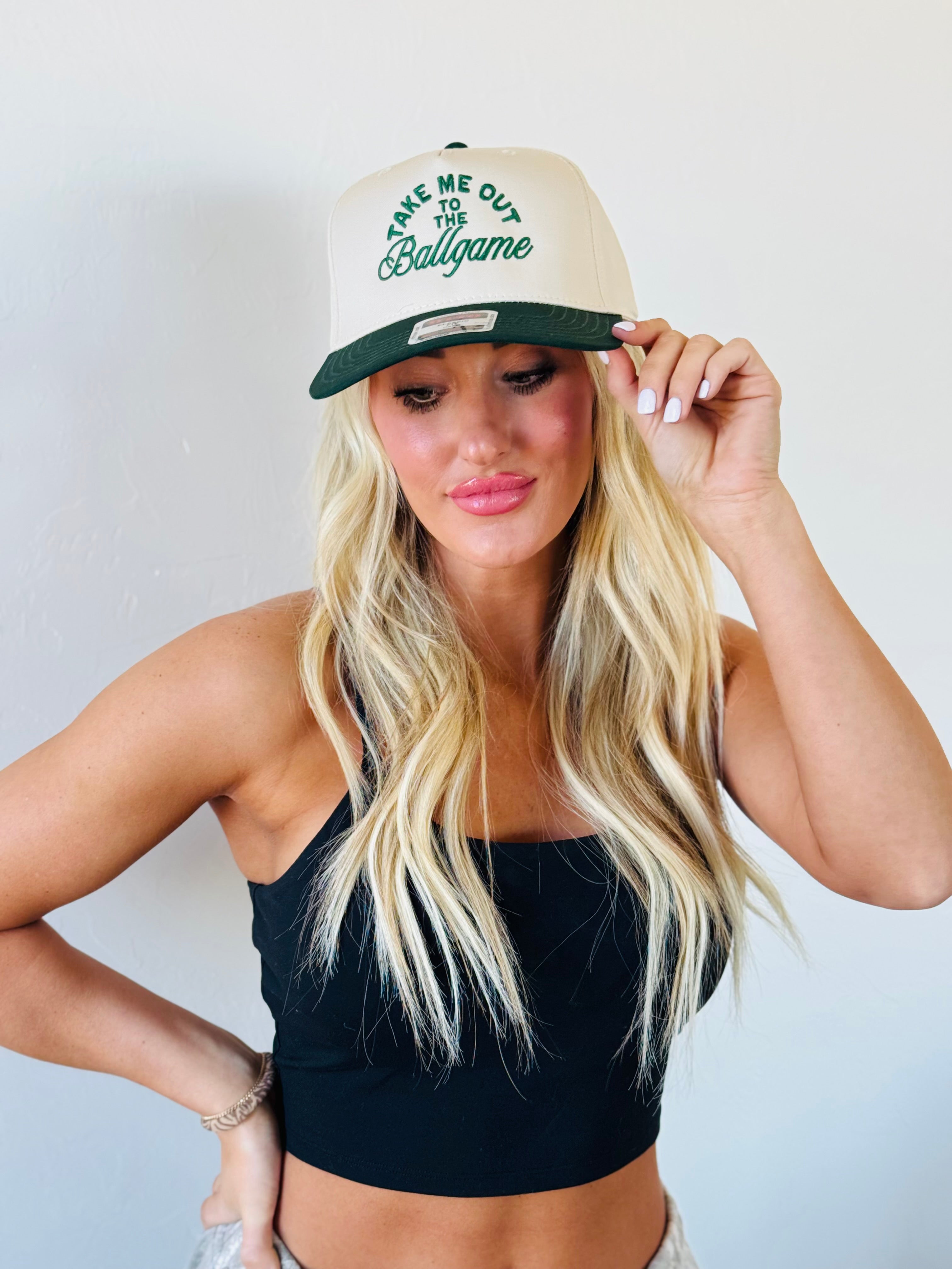 Side angle of the TAKE ME OUT TO THE BALLGAME TRUCKER HAT, highlighting its trendy and bold fashion for outdoor events.