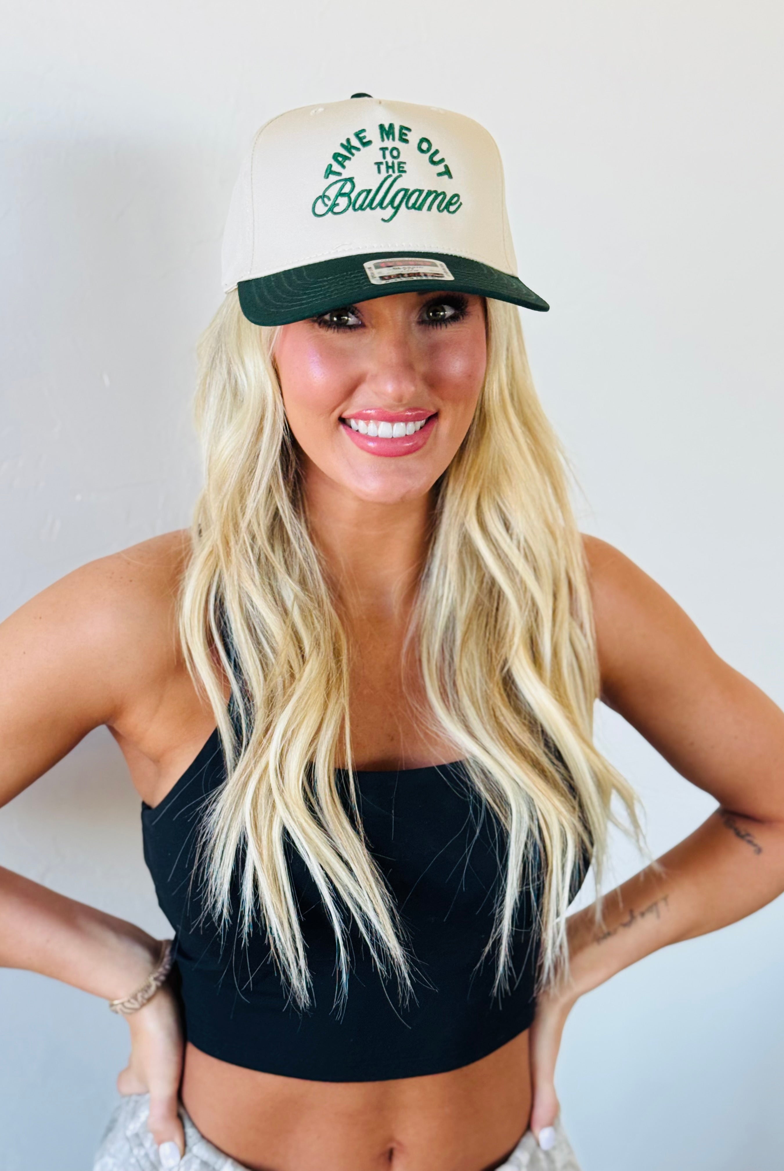 TAKE ME OUT TO THE BALLGAME TRUCKER HAT in green and natural design, perfect for sports lovers and adventurers.