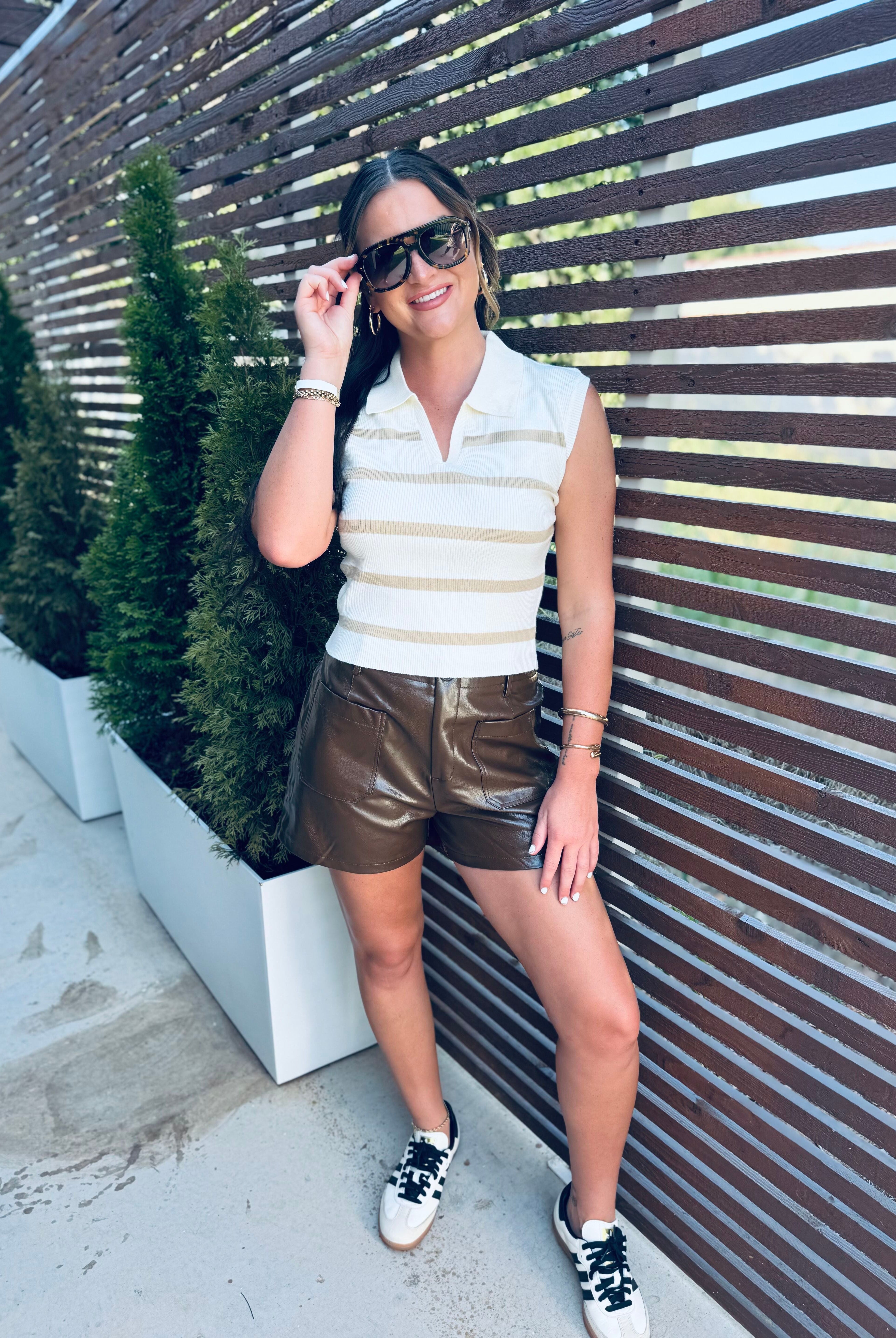 TAUPE AND CREAM COLLAR STRIPED POLO VEST - Tops