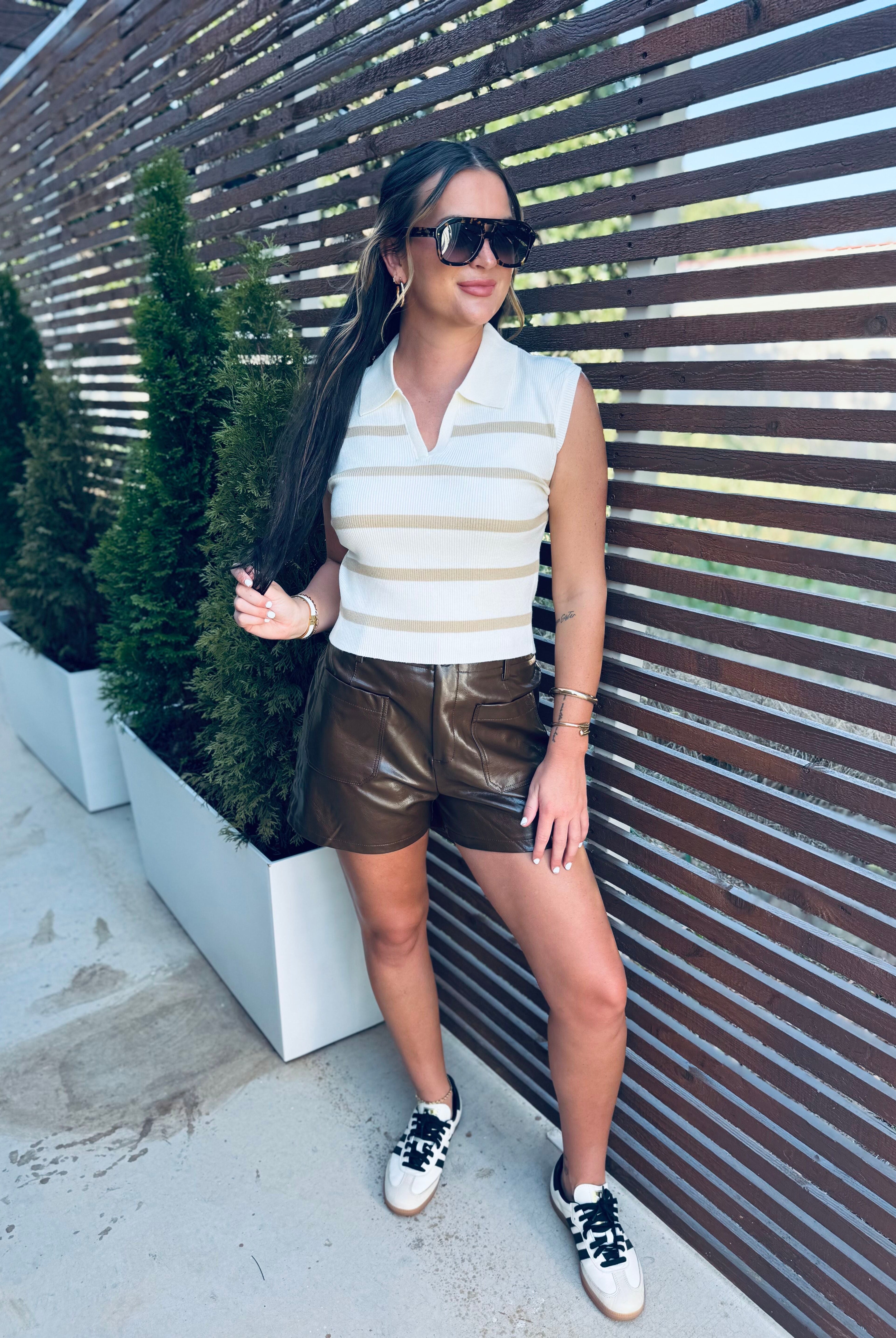 TAUPE AND CREAM COLLAR STRIPED POLO VEST - Tops