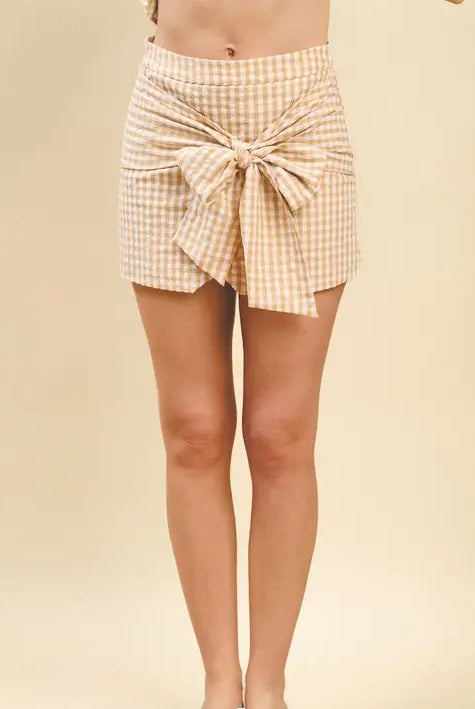 TAUPE GINGHAM PRINT FRONT TIE PENCIL SKIRT PERFECT FOR RUSH - Bottoms