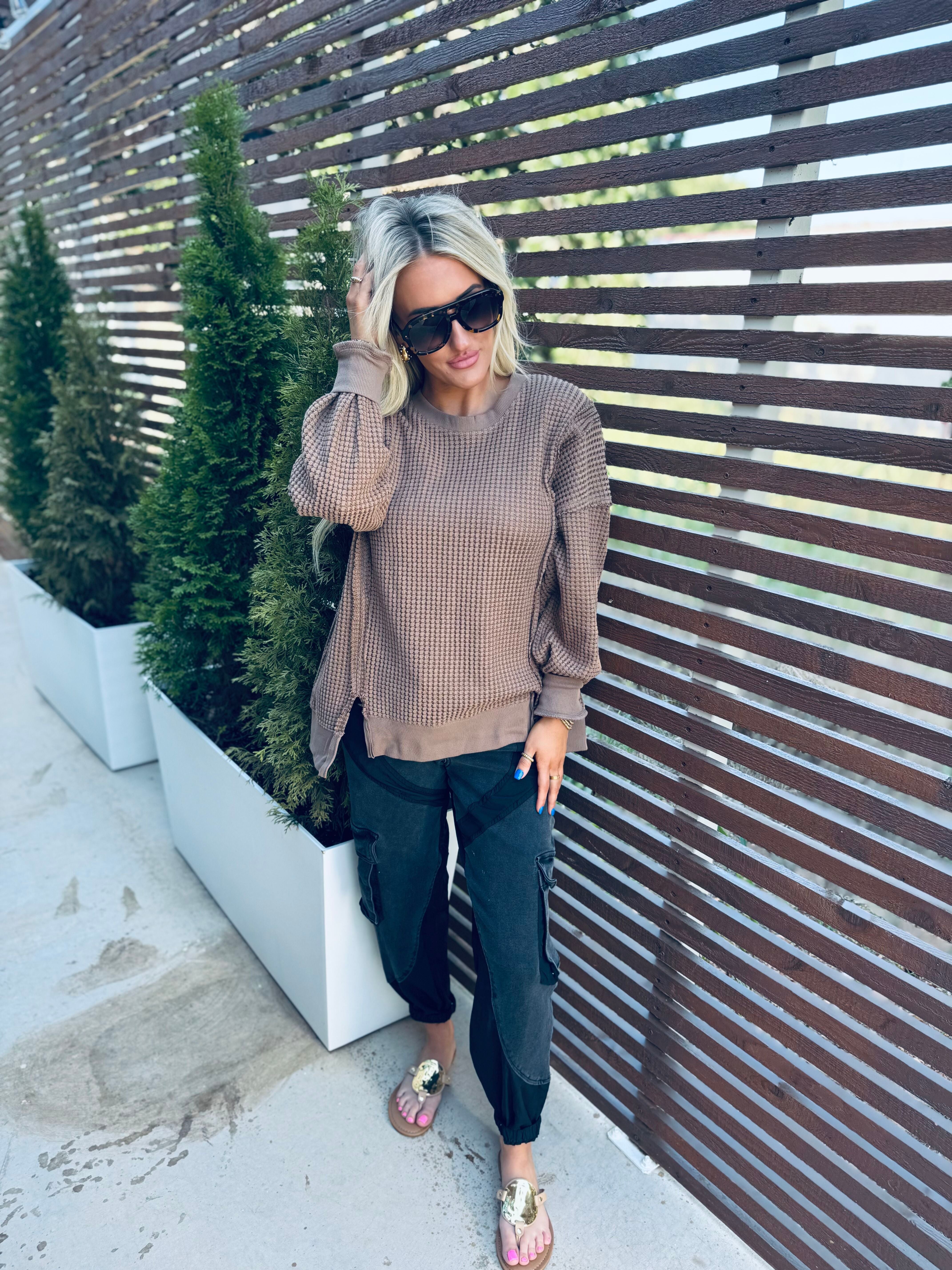 TAUPE OVERSIZED WAFFLE KNIT CASUAL TOP - Tops
