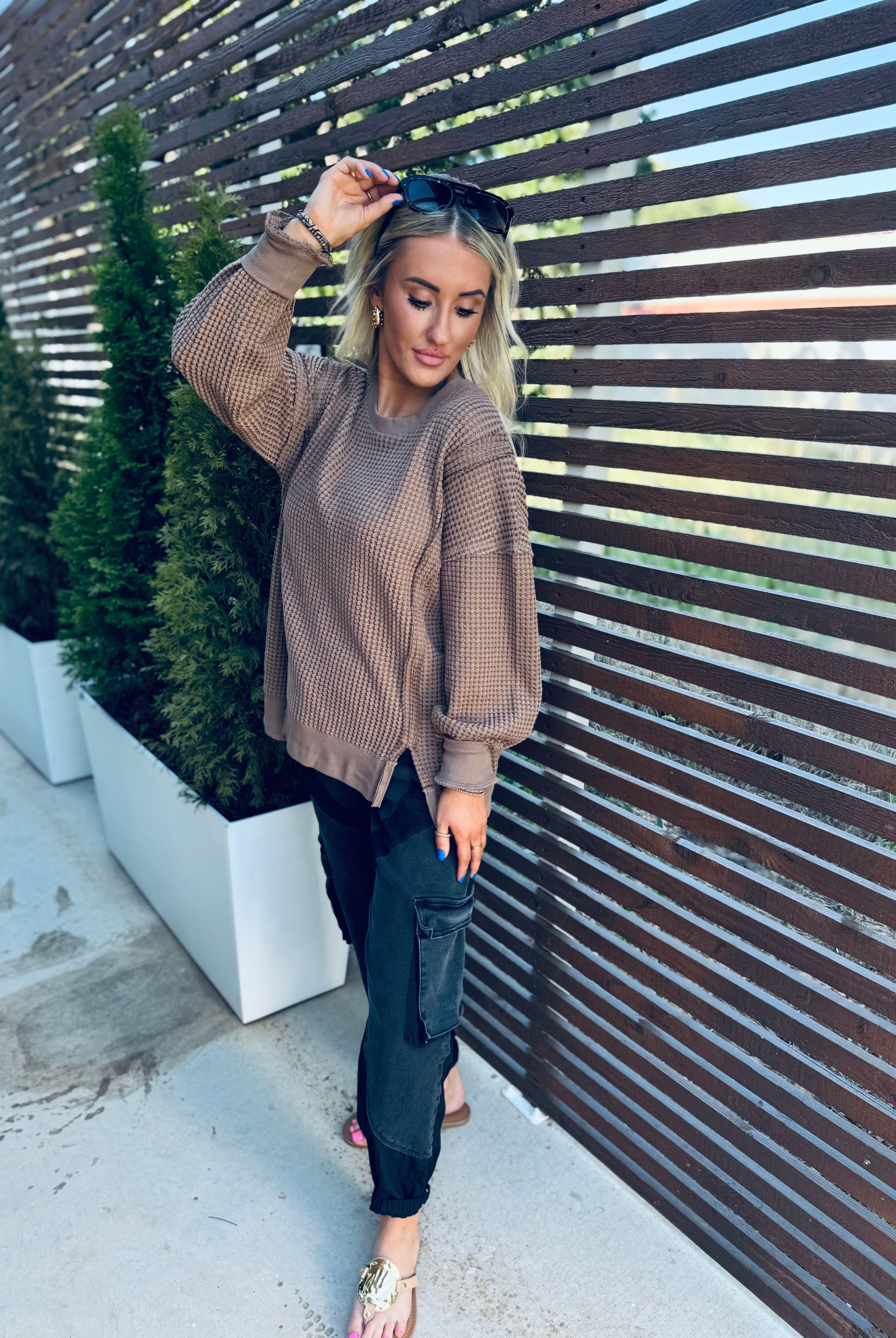 TAUPE OVERSIZED WAFFLE KNIT CASUAL TOP - Tops