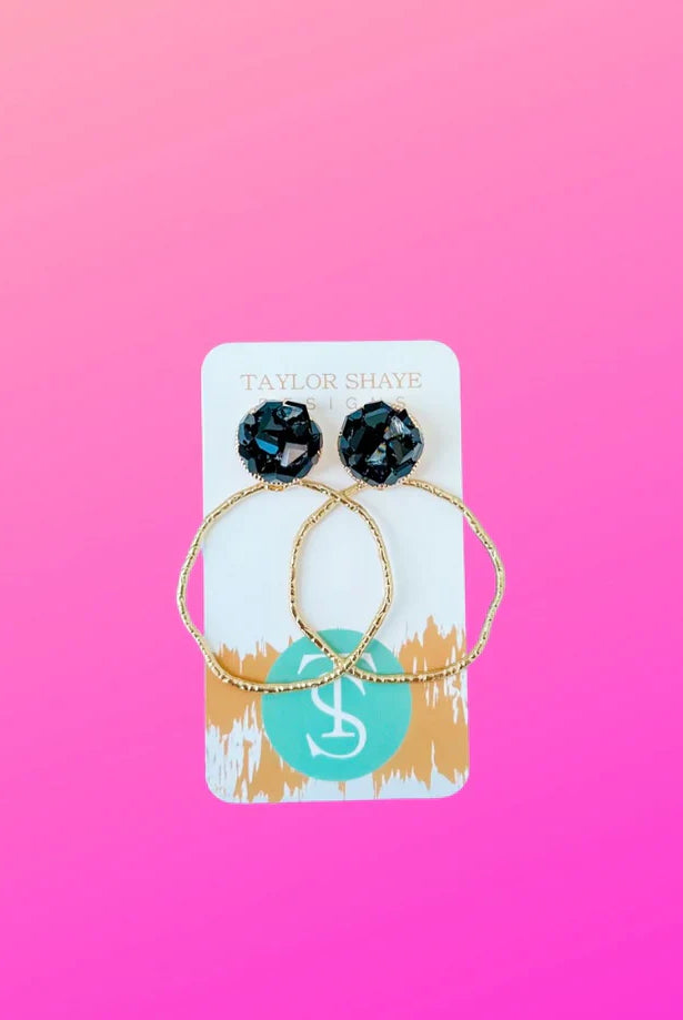 Stylish GLASS TOP HOOP EARRINGS-BLACK by Taylor Shaye, featuring lightweight design and colorful glass accents, perfect for any occasion.