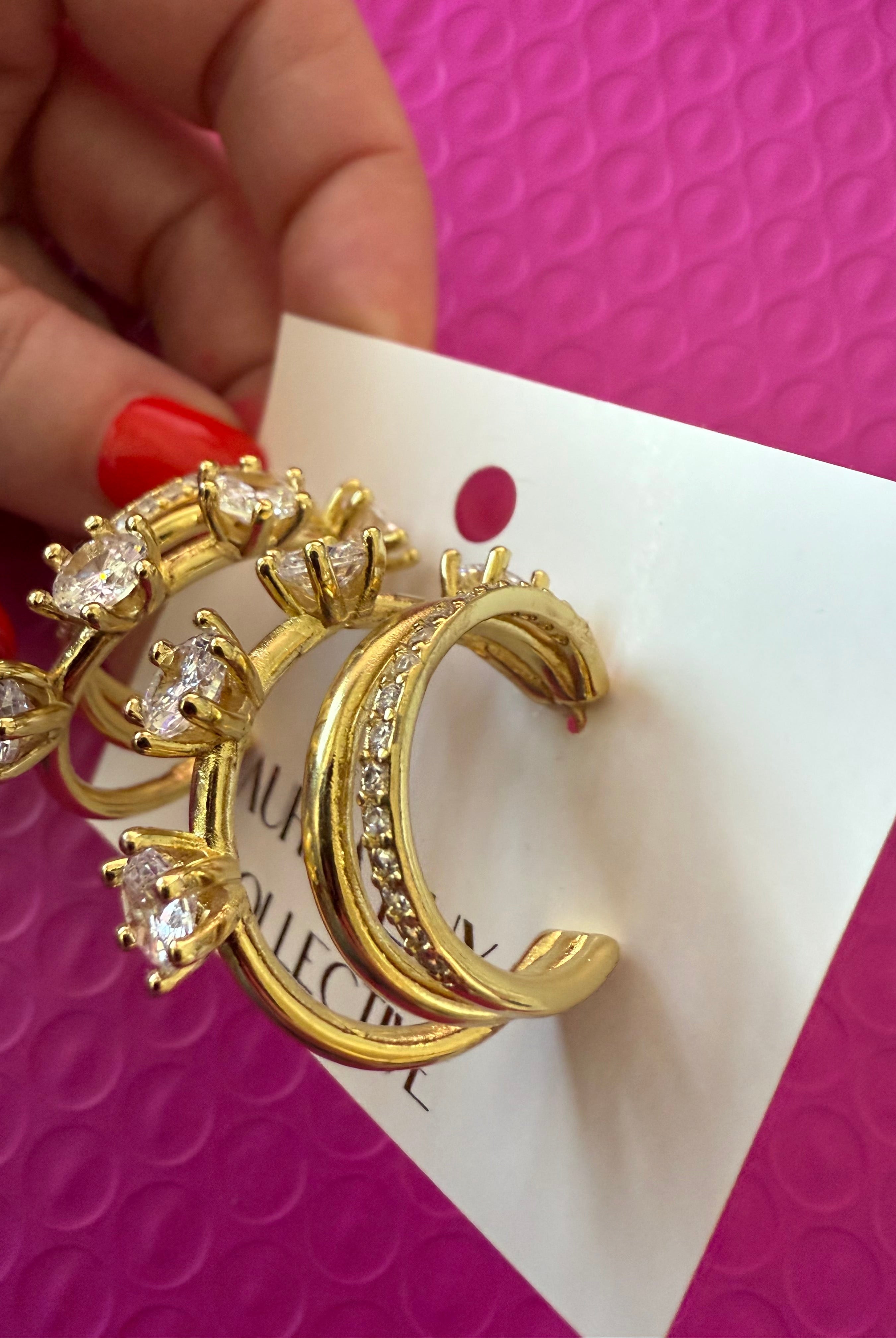 TRIPLE ROW GOLD CZ HOOPS - Earrings