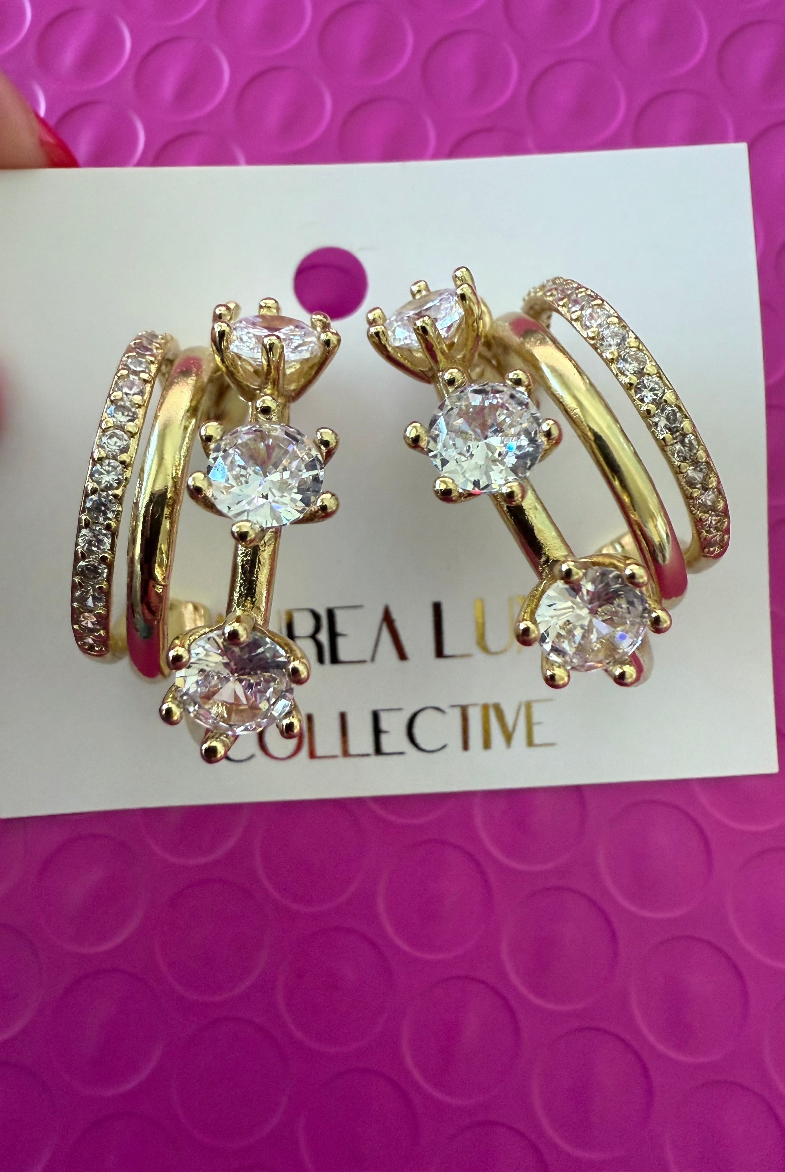 TRIPLE ROW GOLD CZ HOOPS - Earrings