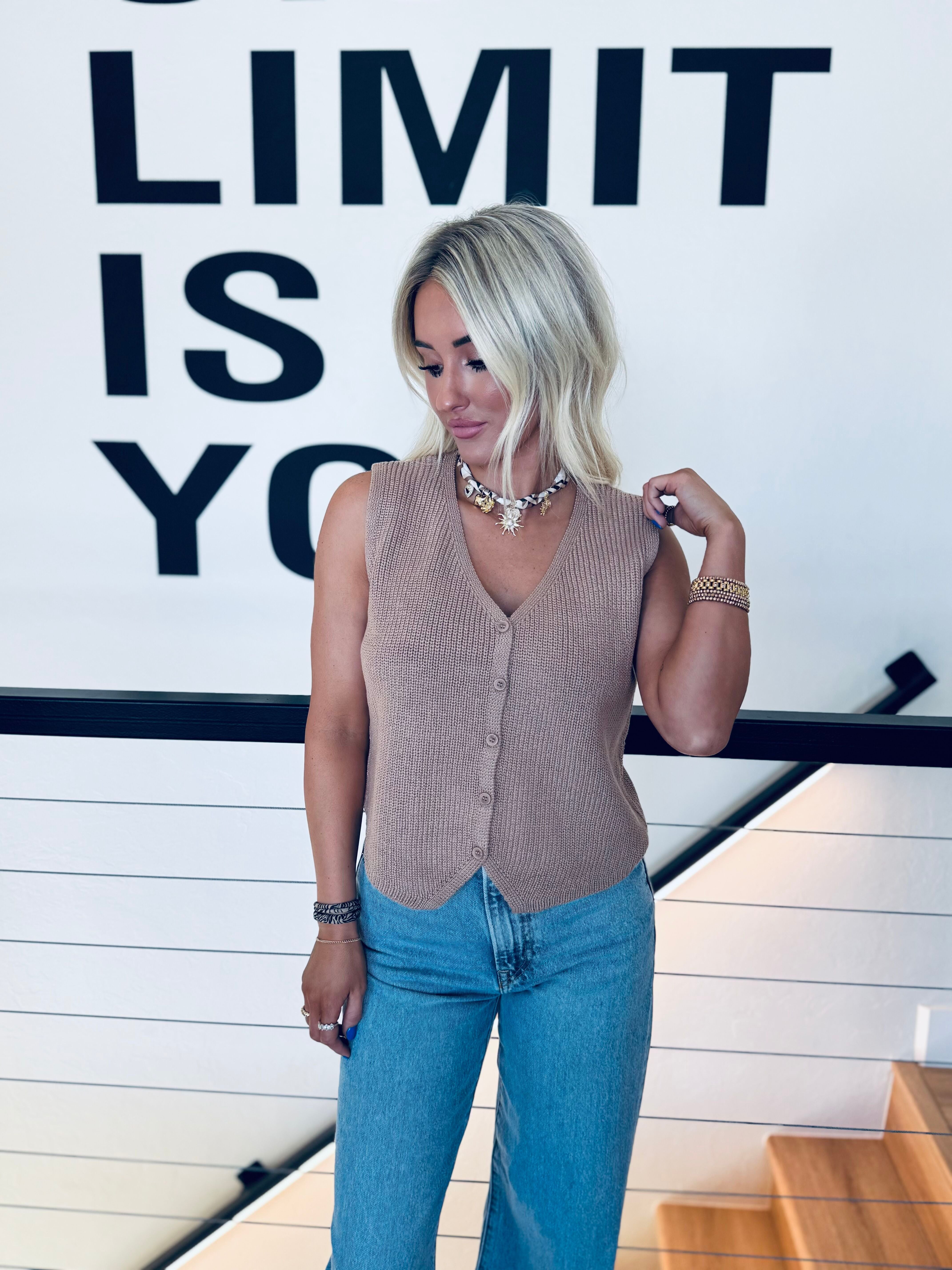 V-NECK SLEEVELESS TAUPE SWEATER VEST TOP - Tops
