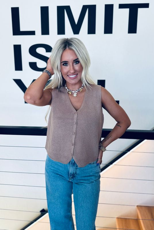 V-NECK SLEEVELESS TAUPE SWEATER VEST TOP - Tops