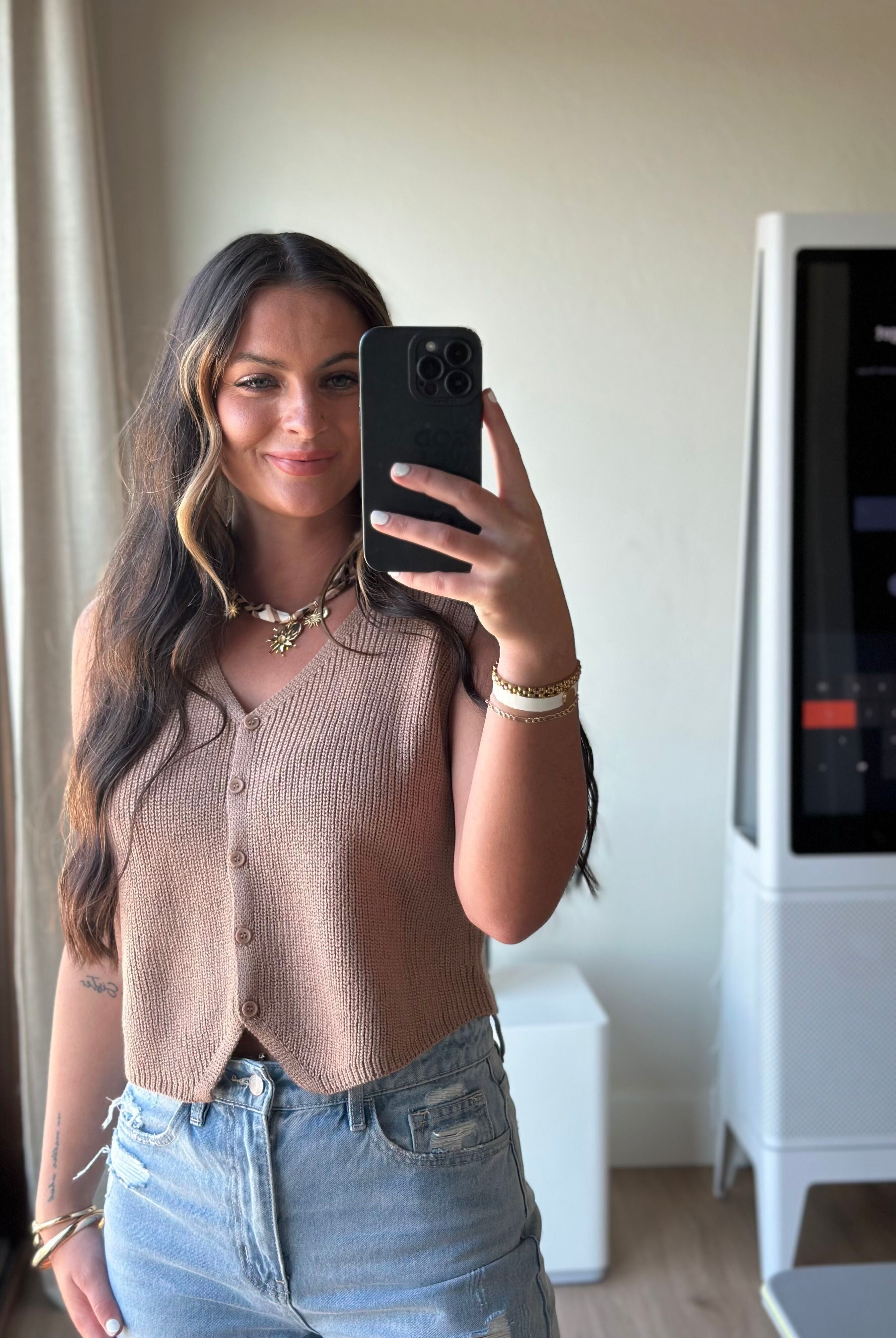 V-NECK SLEEVELESS TAUPE SWEATER VEST TOP - Tops