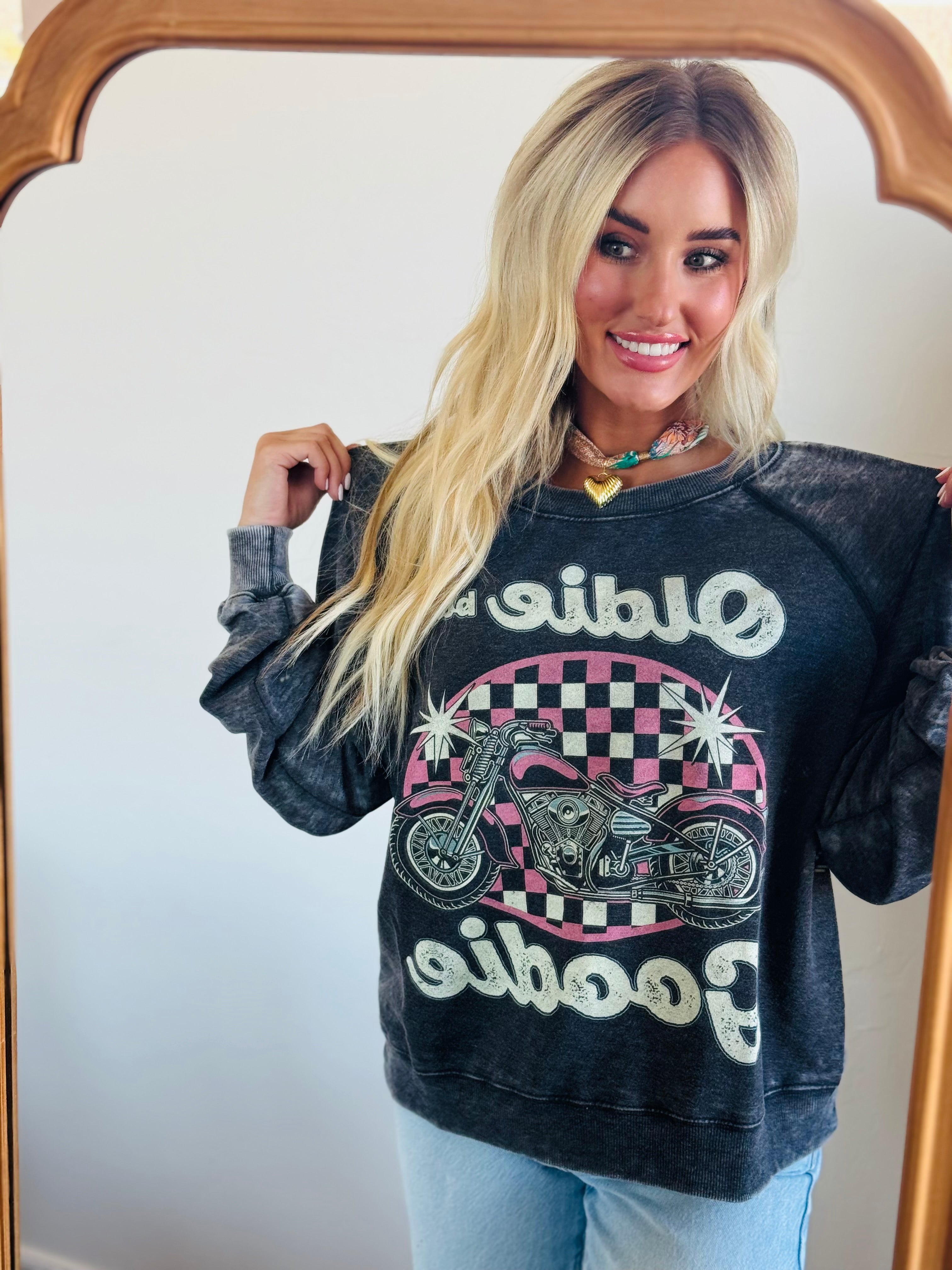 Vintage inspired OLDIE BUT GOODIE sweatshirt by Recycled Karma, showcasing a worn, washed look ideal for retro fashion lovers.