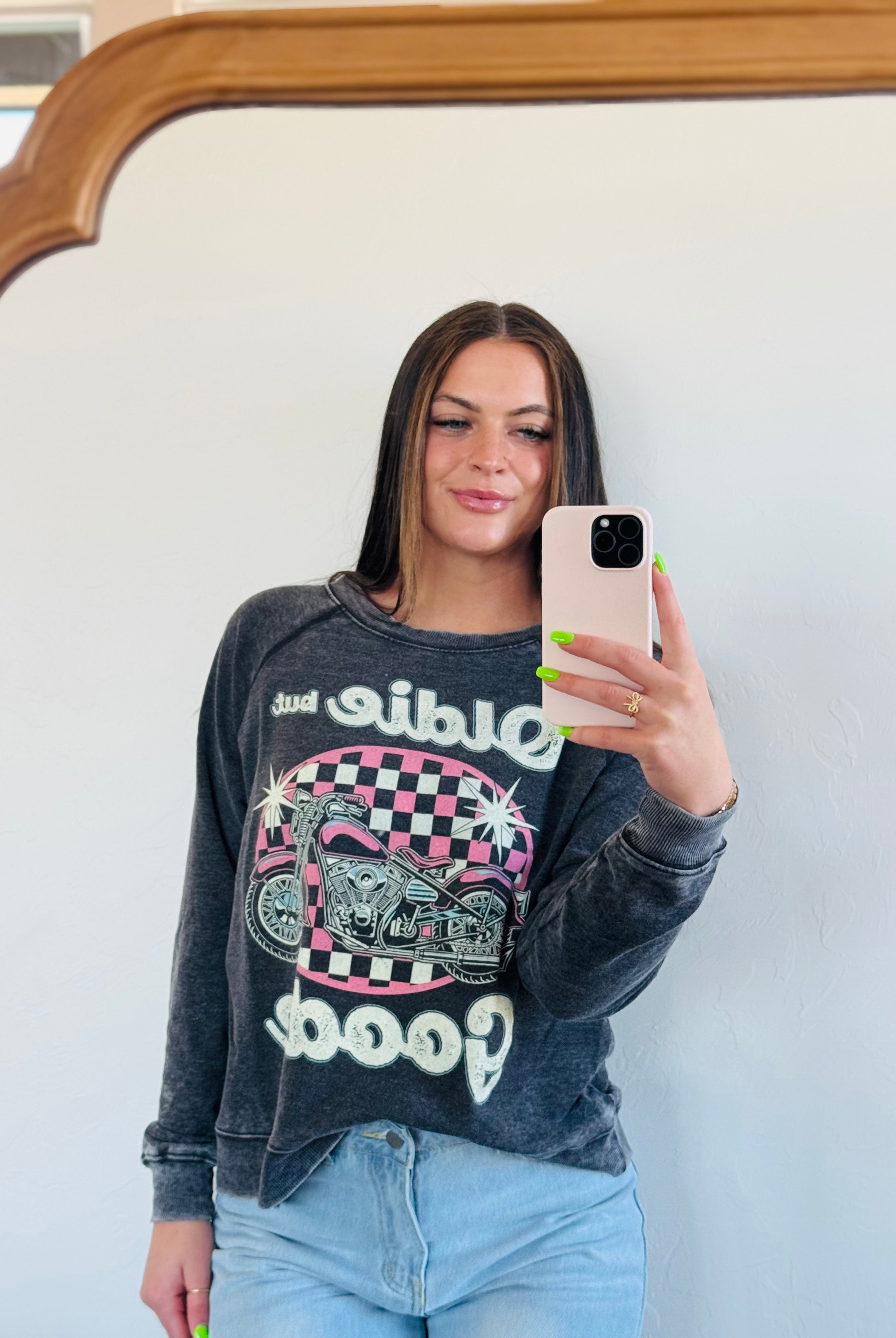 Soft luxe OLDIE BUT GOODIE sweatshirt featuring a comfortable fit, perfect for casual wear and classic vintage style.