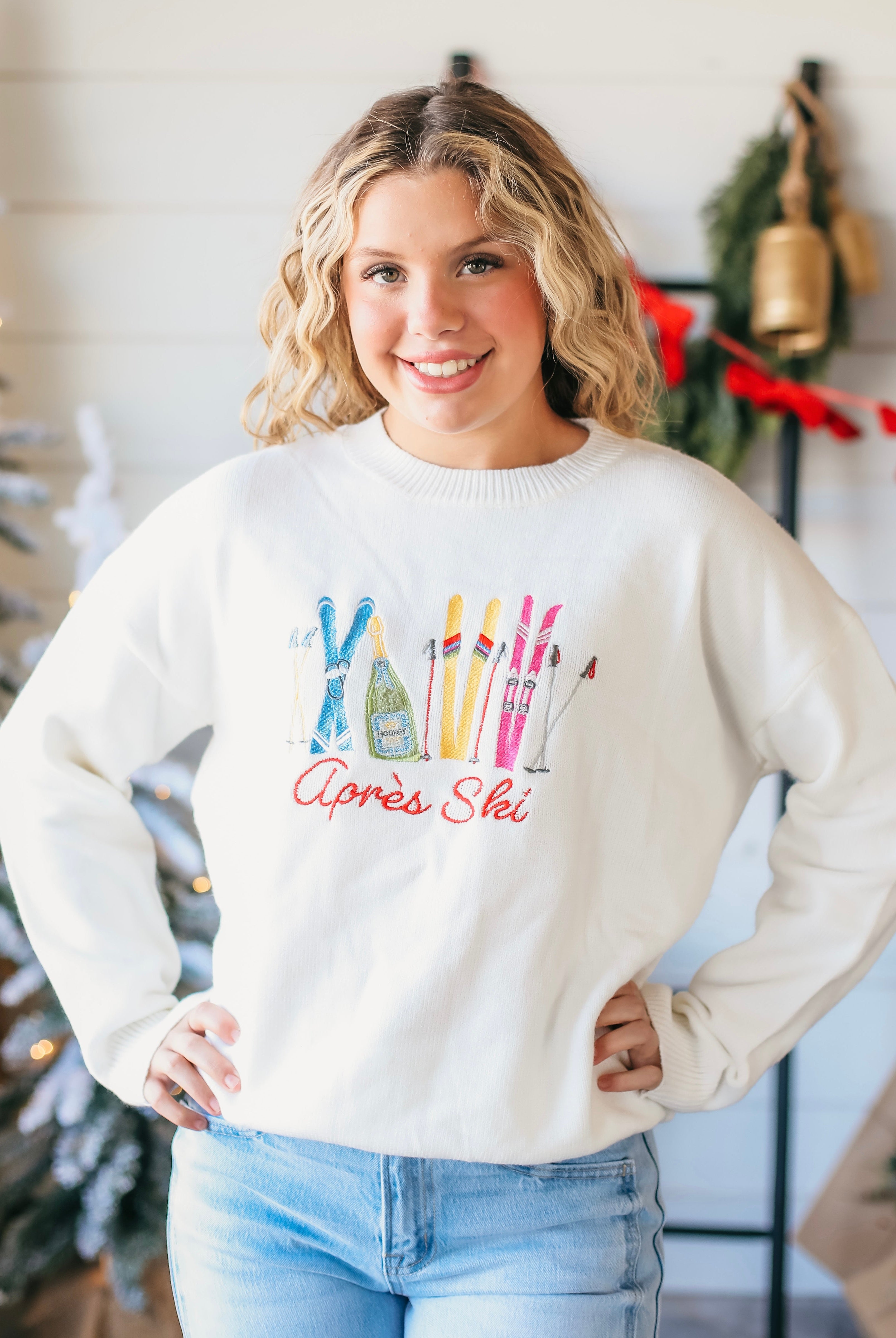 WHITE APRES SKI SWEATER- COZY WINTER STYLE W/COLORFUL EMBROIDERY - Tops