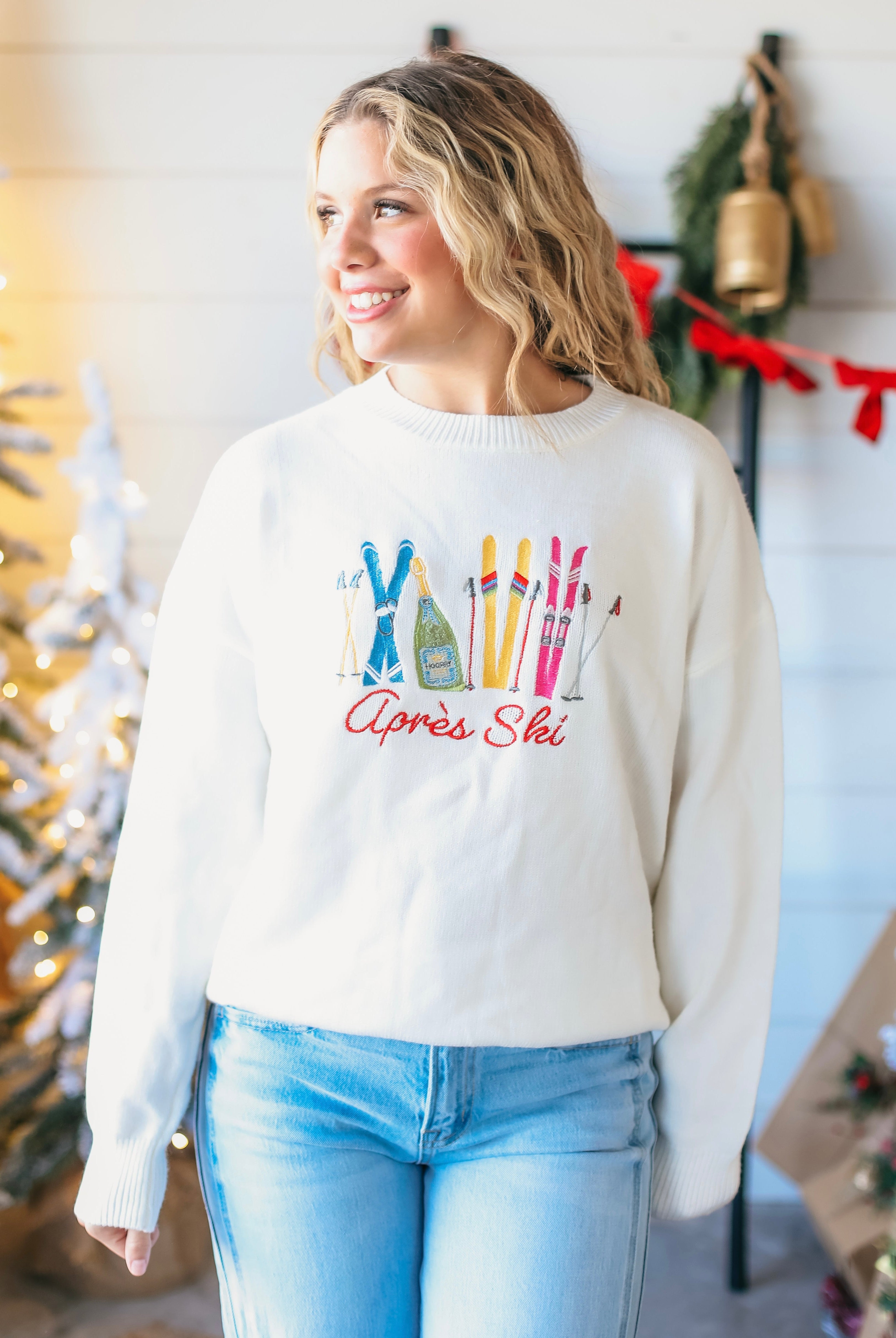 WHITE APRES SKI SWEATER- COZY WINTER STYLE W/COLORFUL EMBROIDERY - Tops