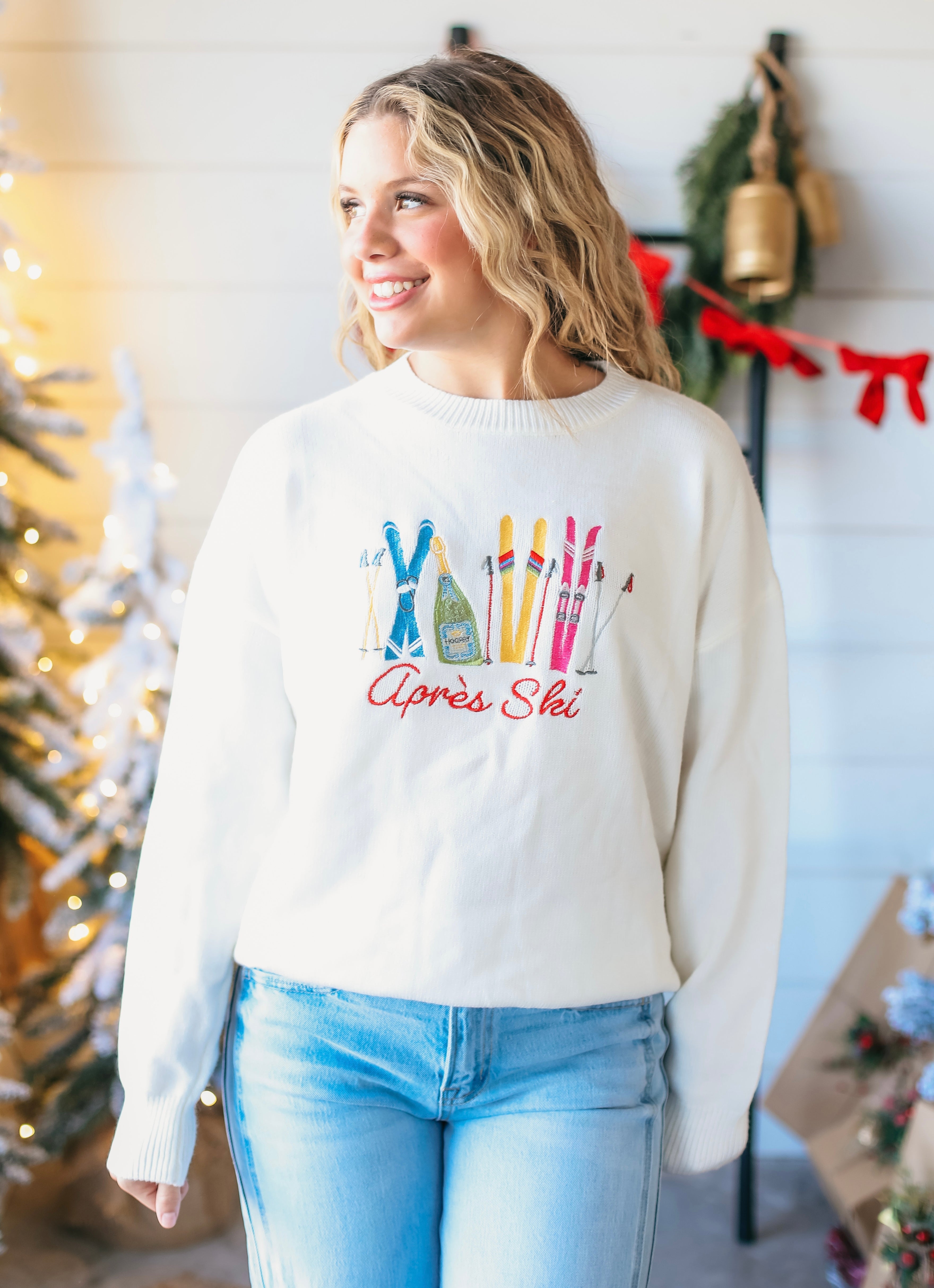 WHITE APRES SKI SWEATER- COZY WINTER STYLE W/COLORFUL EMBROIDERY - Tops