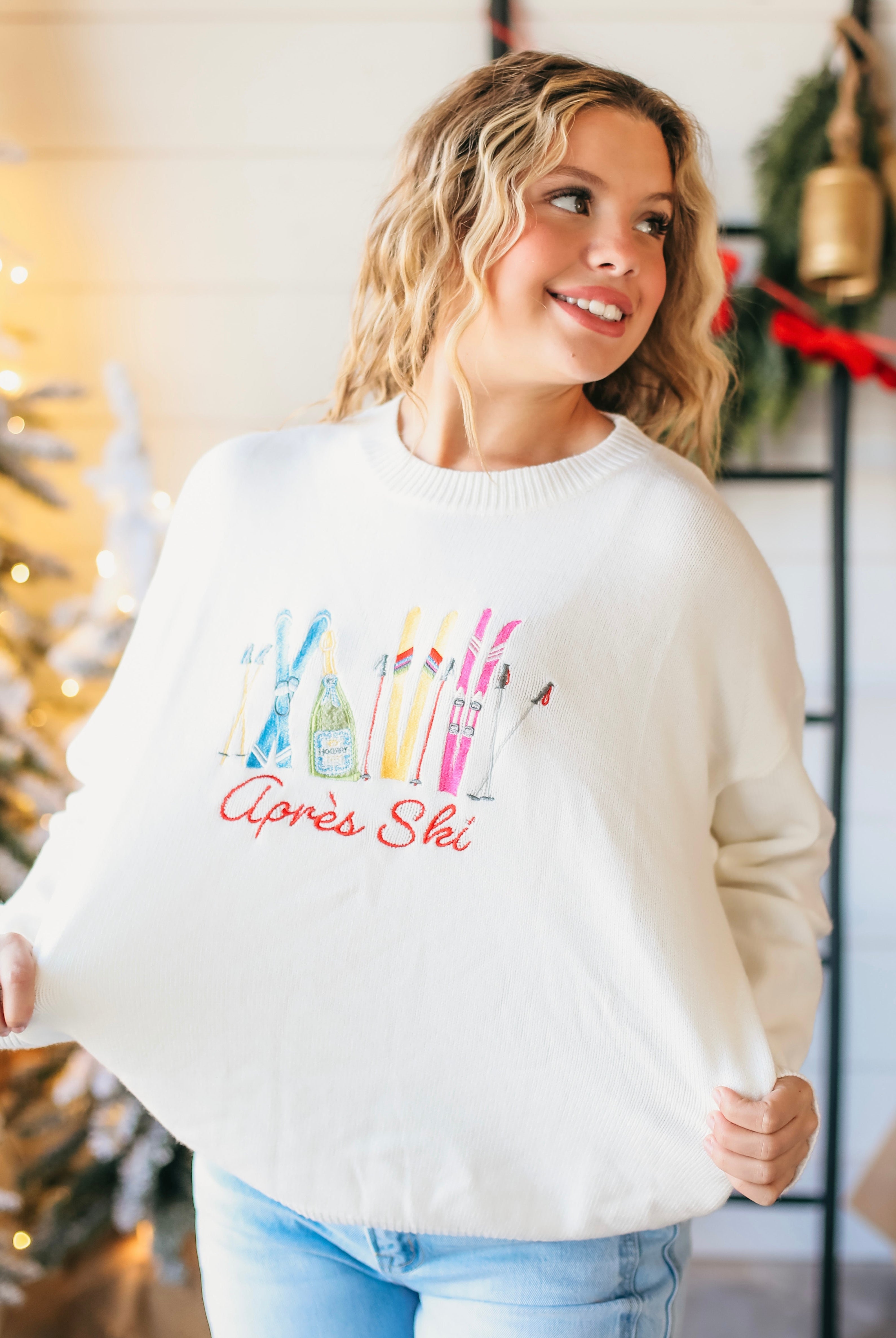 WHITE APRES SKI SWEATER- COZY WINTER STYLE W/COLORFUL EMBROIDERY - Tops