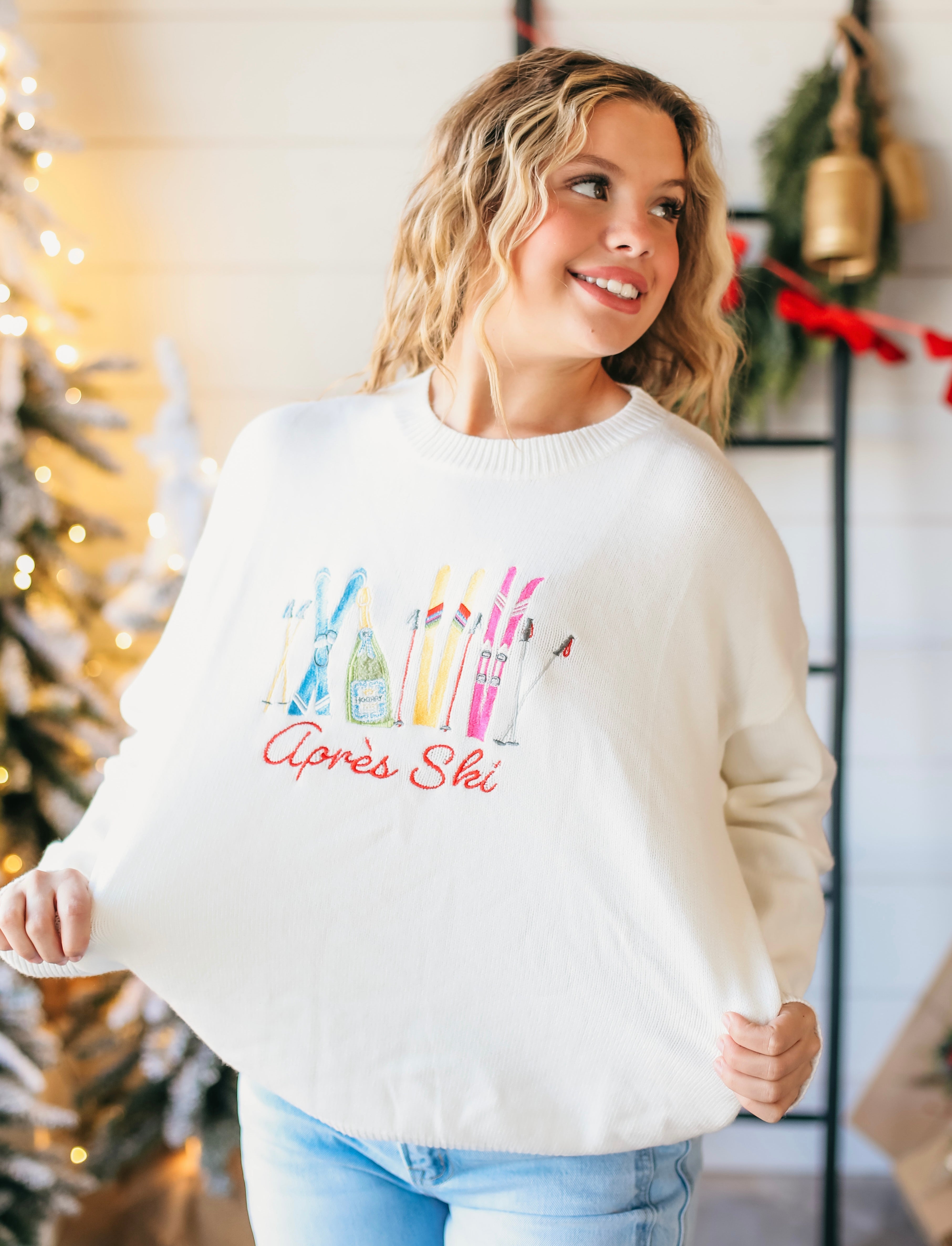 WHITE APRES SKI SWEATER- COZY WINTER STYLE W/COLORFUL EMBROIDERY - Tops