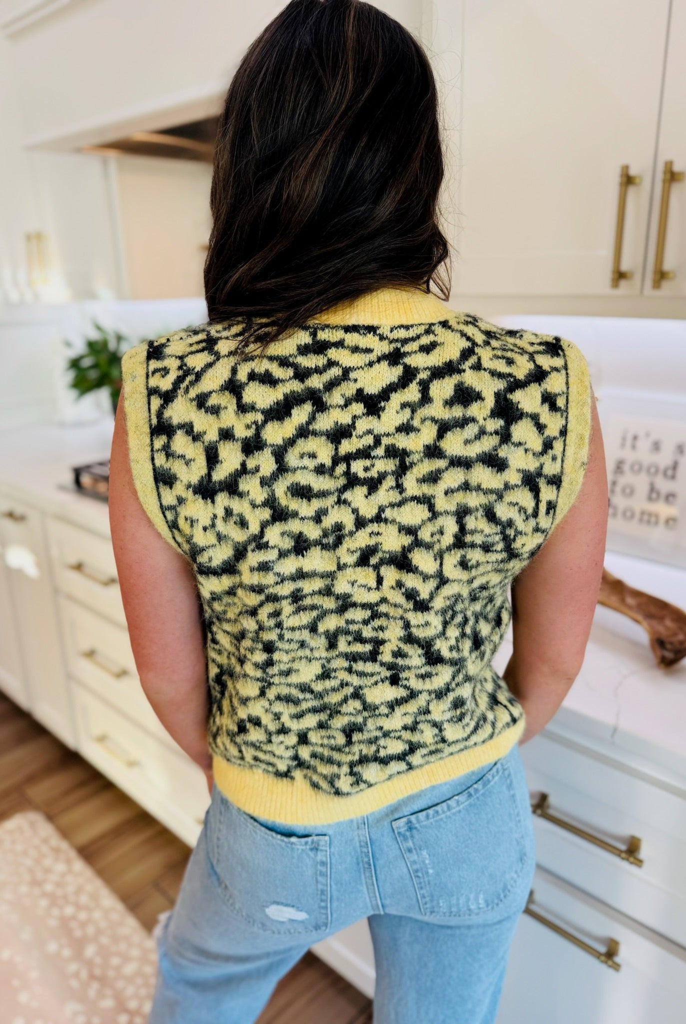 YELLOW & BLACK LEOPARD BUTTON DOWN SWEATER VEST - Tops