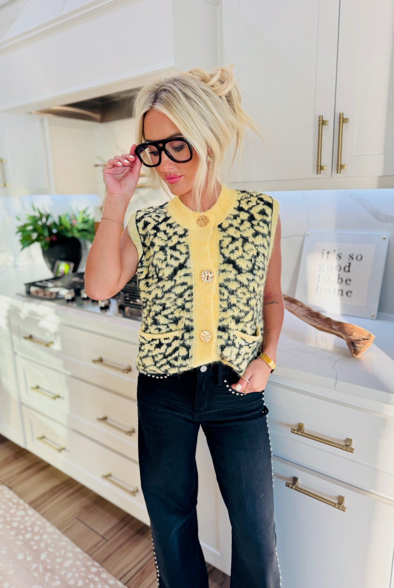 YELLOW & BLACK LEOPARD BUTTON DOWN SWEATER VEST - Tops