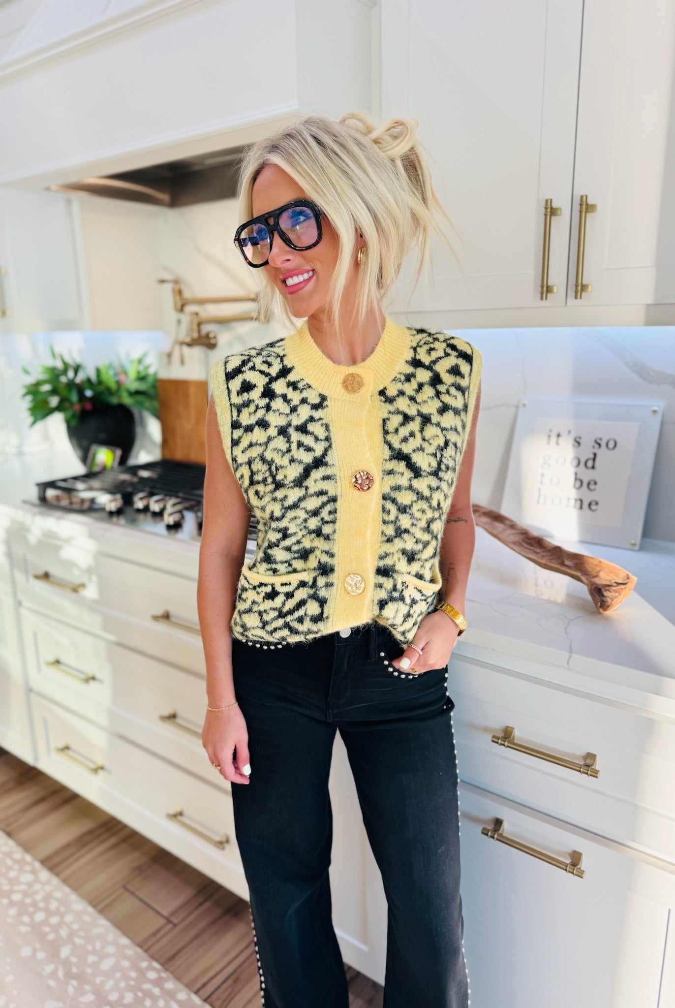 YELLOW & BLACK LEOPARD BUTTON DOWN SWEATER VEST - Tops