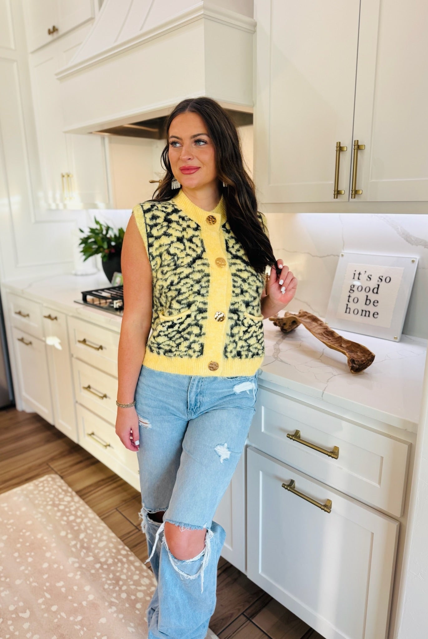 YELLOW & BLACK LEOPARD BUTTON DOWN SWEATER VEST - Tops