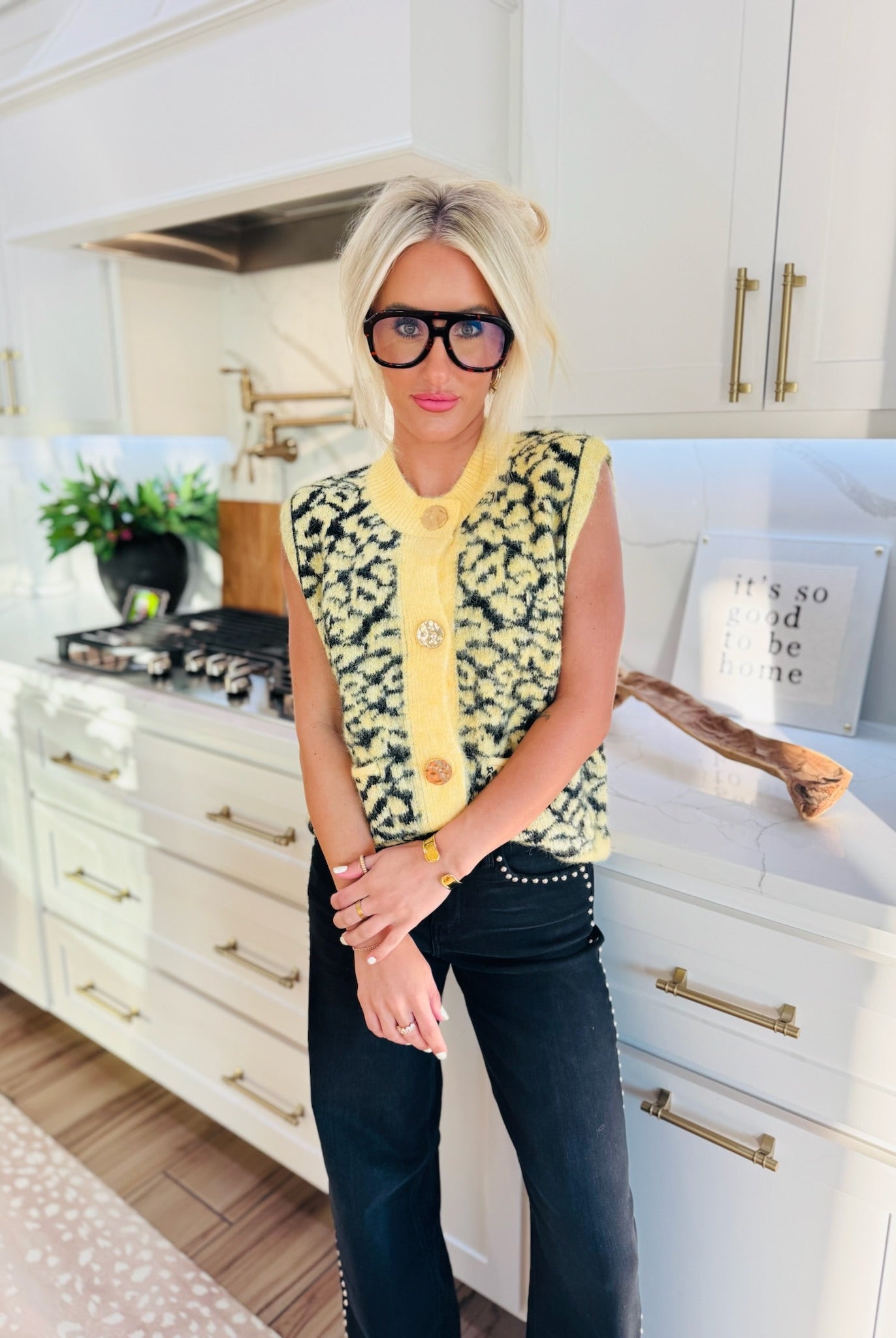 YELLOW & BLACK LEOPARD BUTTON DOWN SWEATER VEST - Tops