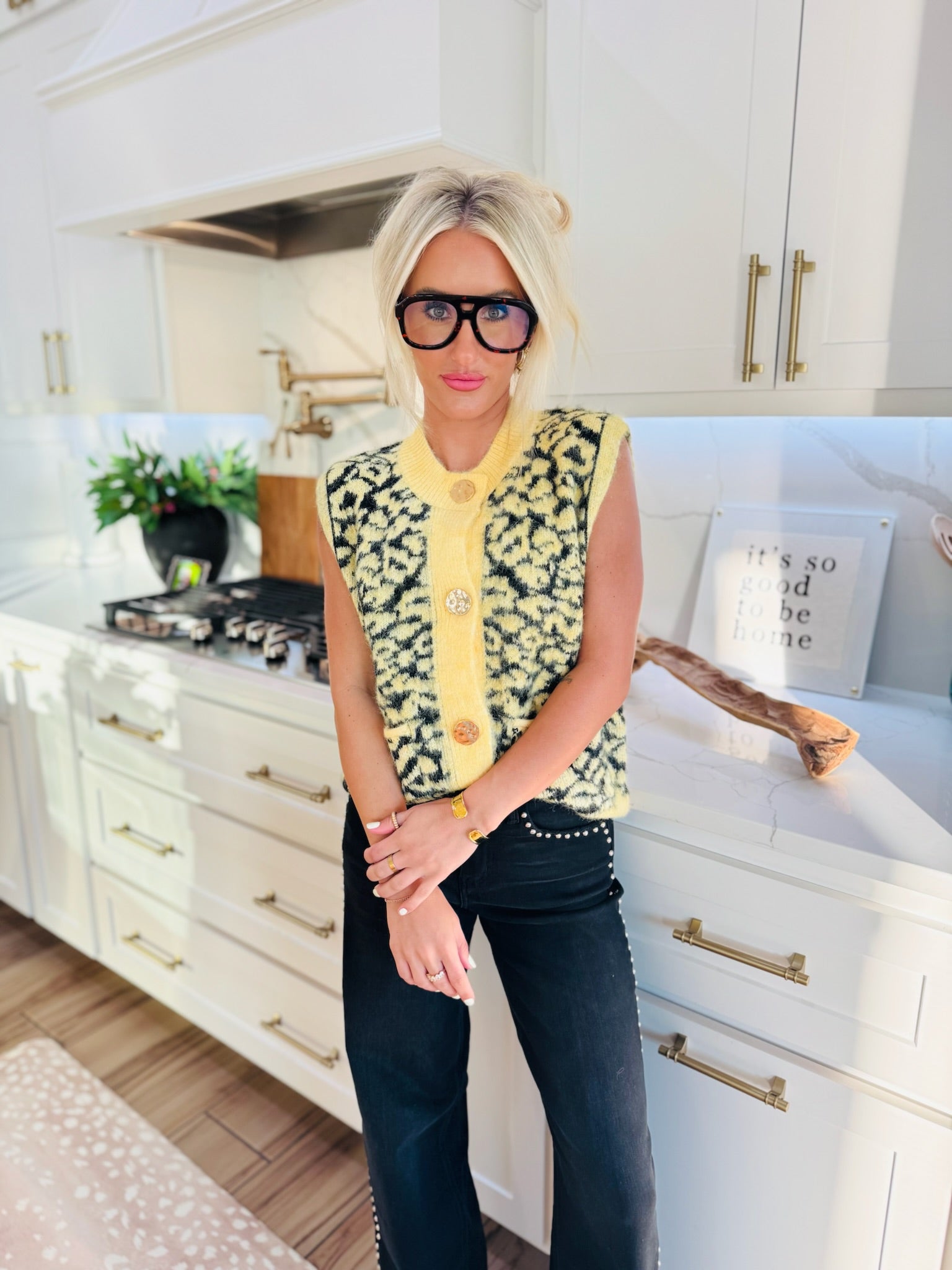 YELLOW & BLACK LEOPARD BUTTON DOWN SWEATER VEST - Tops