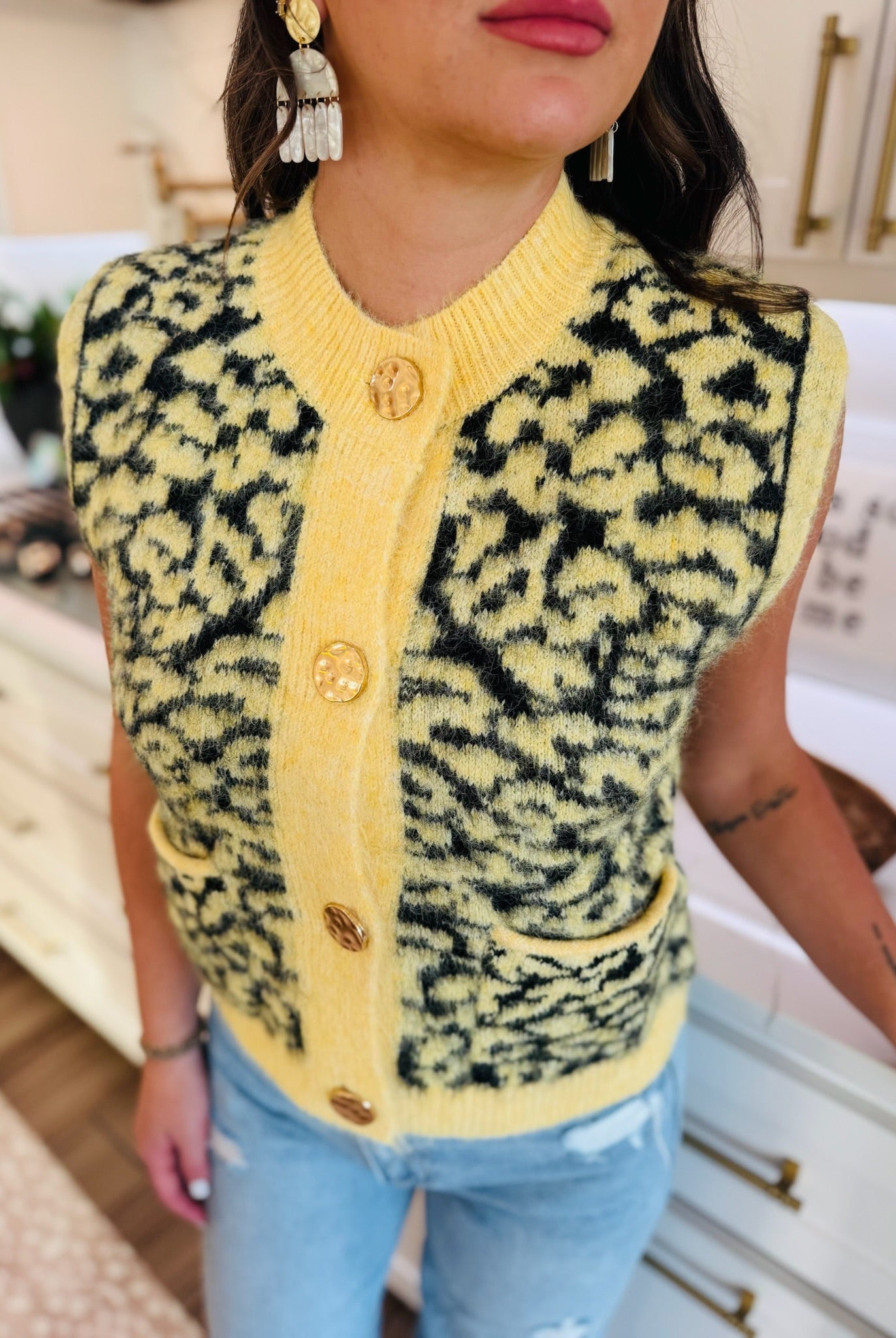 YELLOW & BLACK LEOPARD BUTTON DOWN SWEATER VEST - Tops