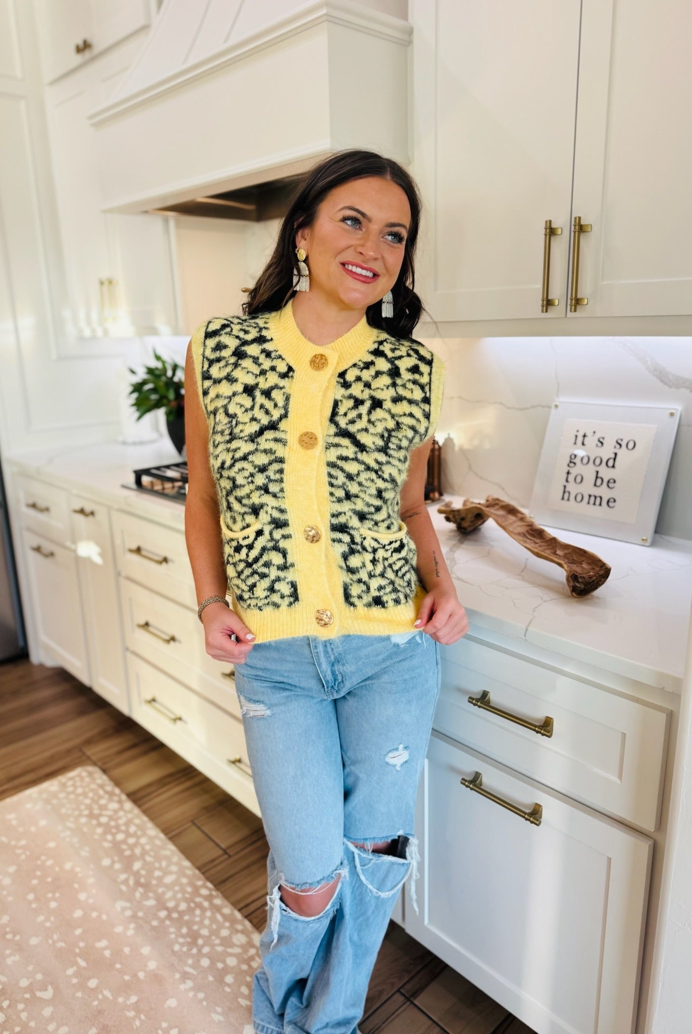 YELLOW & BLACK LEOPARD BUTTON DOWN SWEATER VEST - Tops