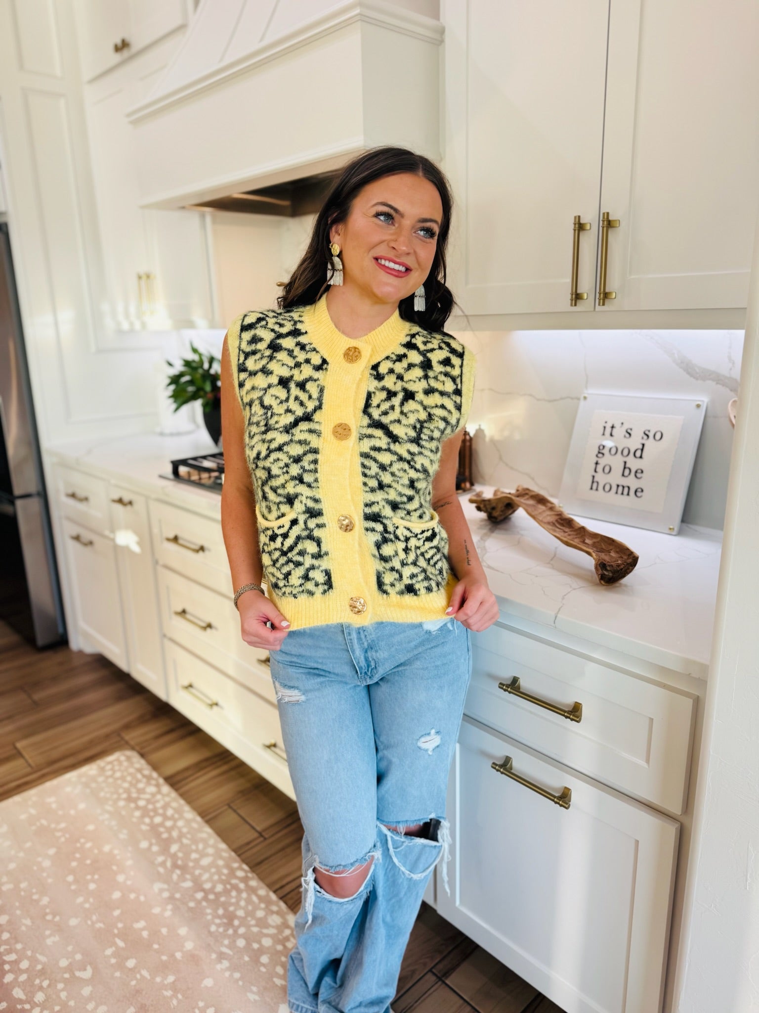 YELLOW & BLACK LEOPARD BUTTON DOWN SWEATER VEST - Tops
