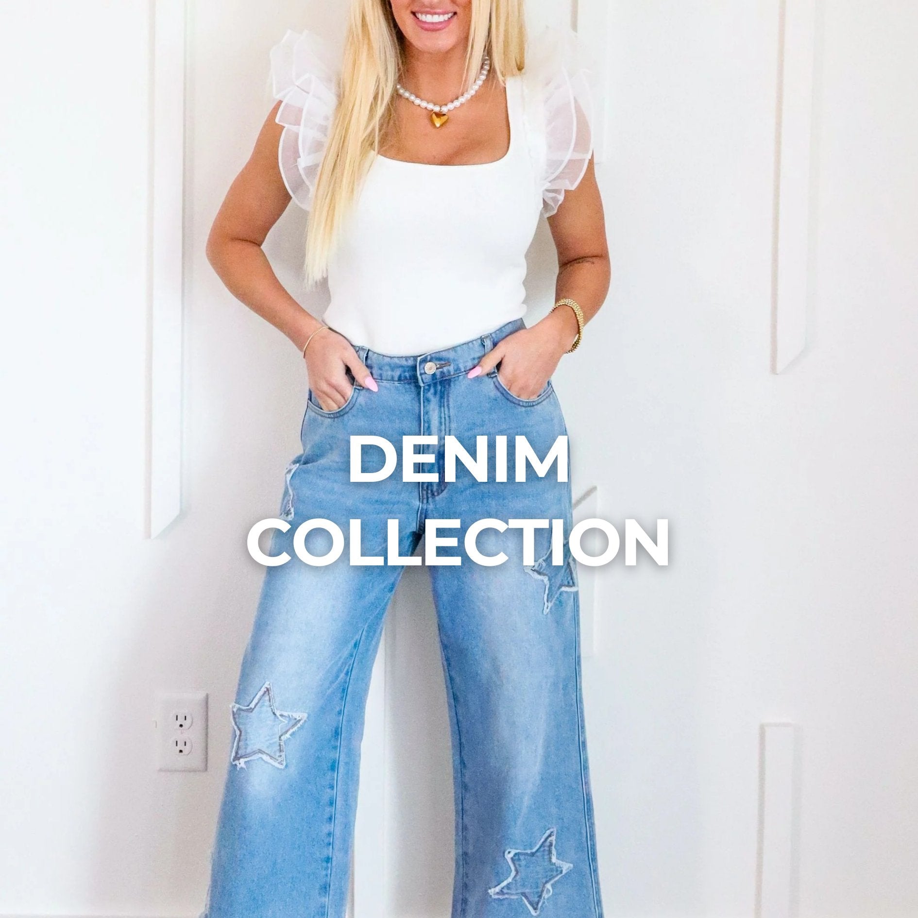 High Waisted Lavender Denim Wide Leg Jeans with Pearl Side Details from the Denim Collection, combining luxury and contemporary style for a chic statement.